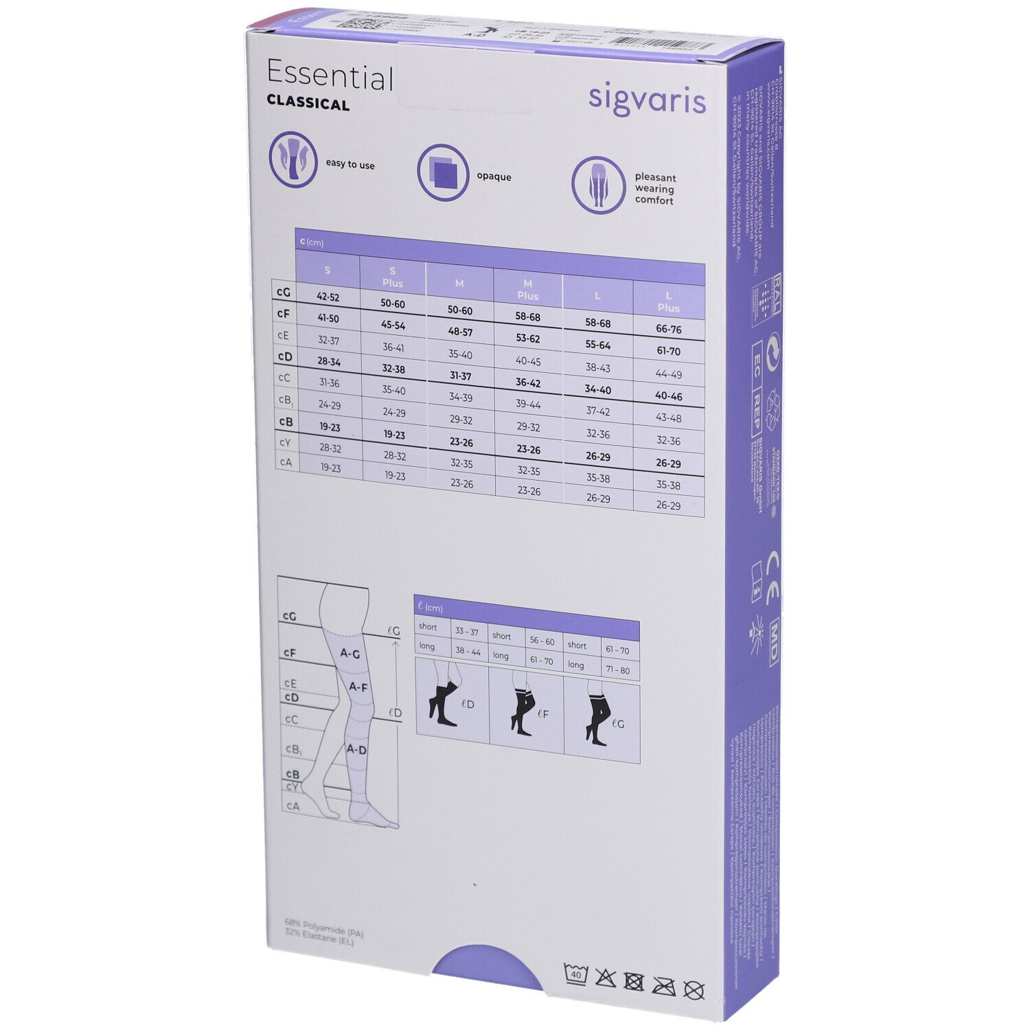 Dos de l'emballage SIGVARIS Essential Classical. Tableau des tailles et pictogrammes représentés.