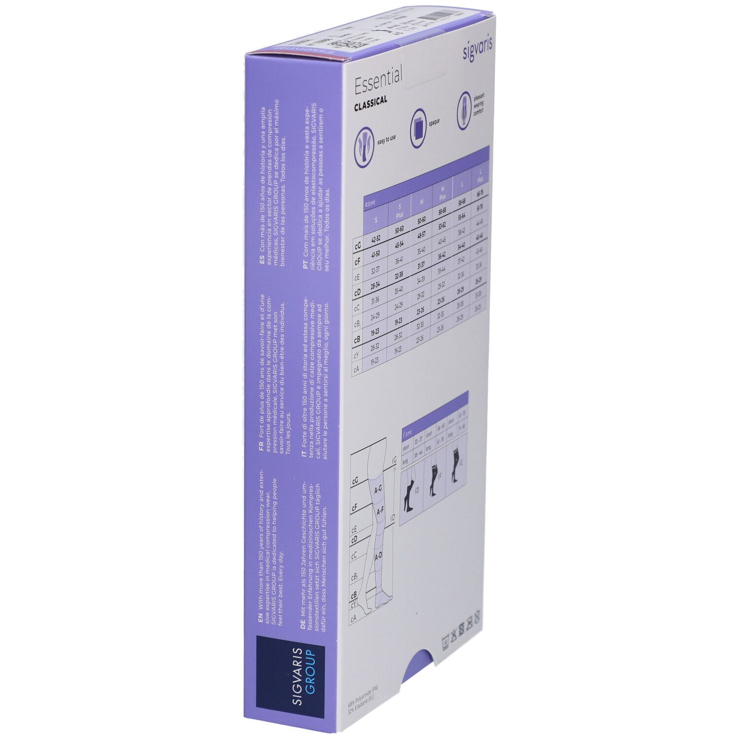 Vue latérale de l'emballage SIGVARIS Essential Classical. Tableau des tailles et pictogrammes visibles.