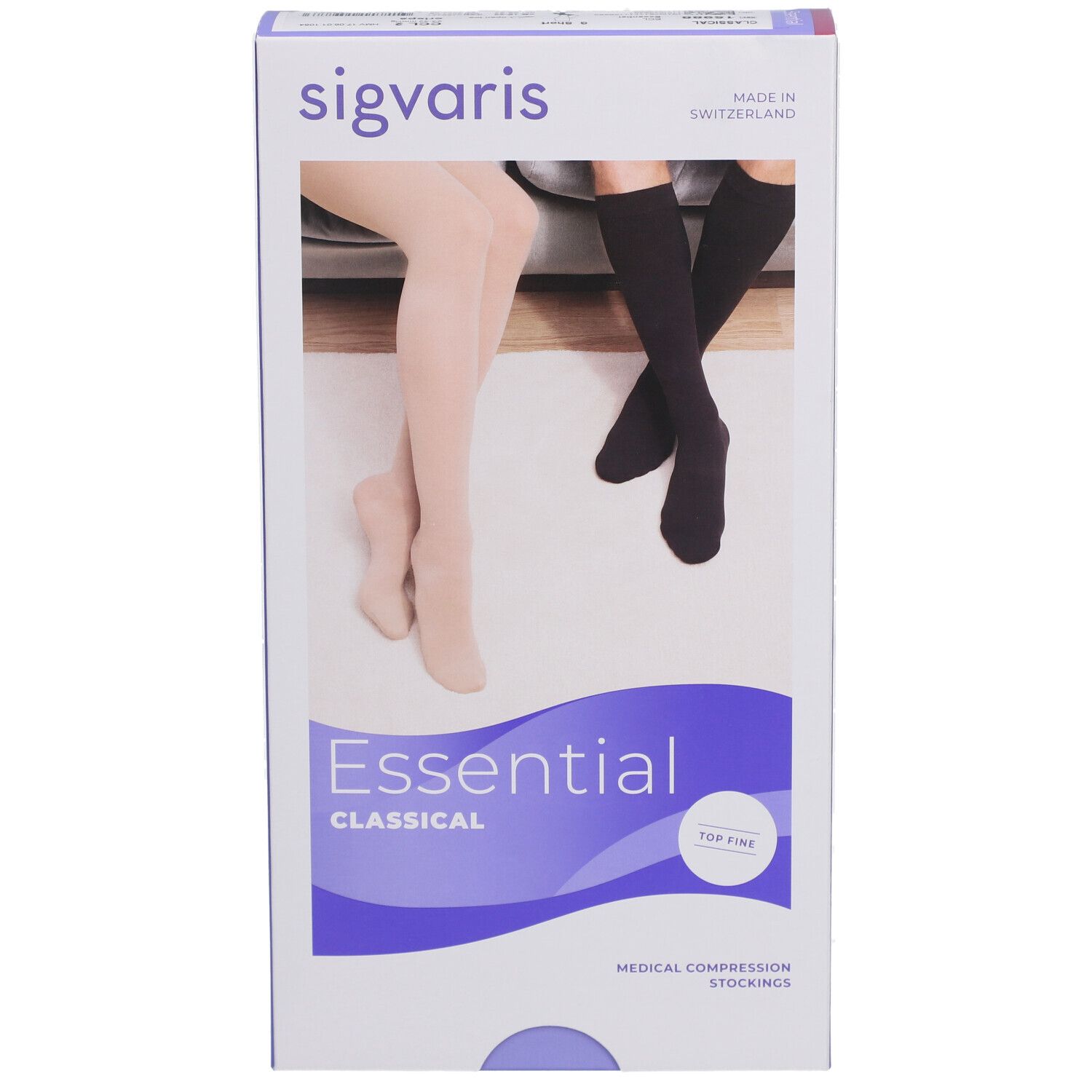 Boîte de bas de compression SIGVARIS Essential Classical. Bas beiges et noirs représentés.