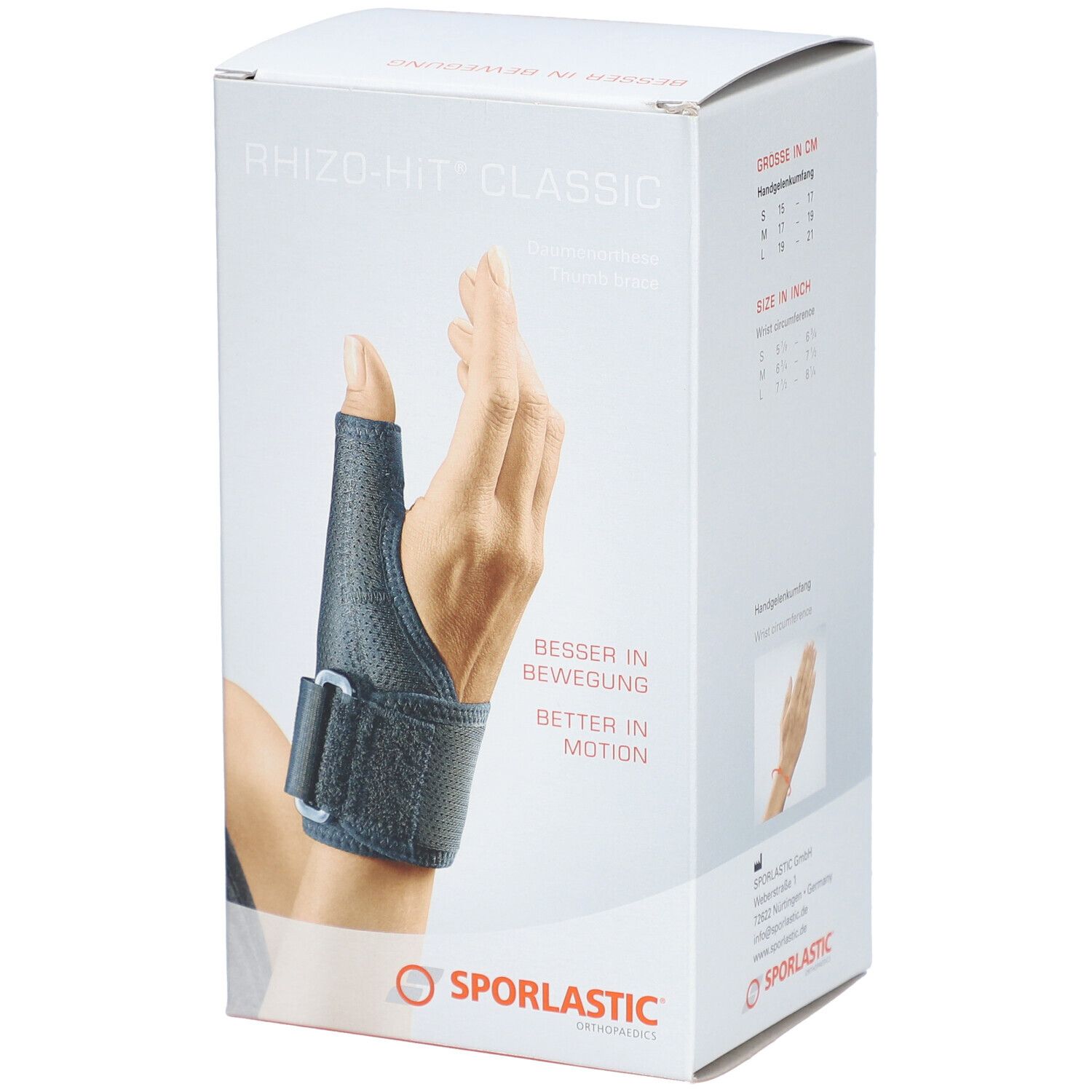 Verpakking van de duimorthese SPORLASTIC Rhizo-Hit Classic. Productafbeelding met hand en orthese. Maat 17-19 cm, kleur zwart.