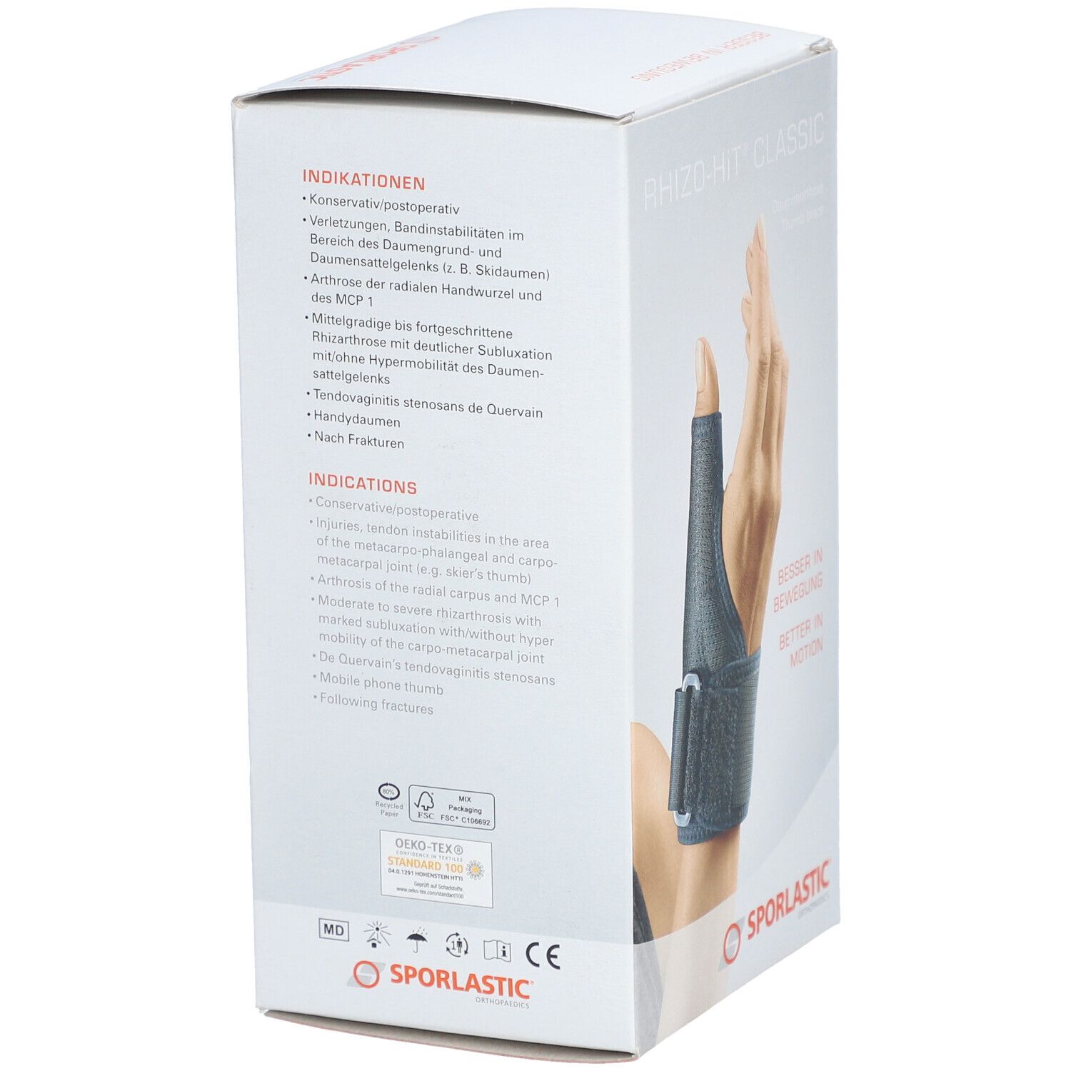 Verpakking van de duimorthese SPORLASTIC Rhizo-Hit Classic. Productinformatie: indicaties, materiaal, certificering.