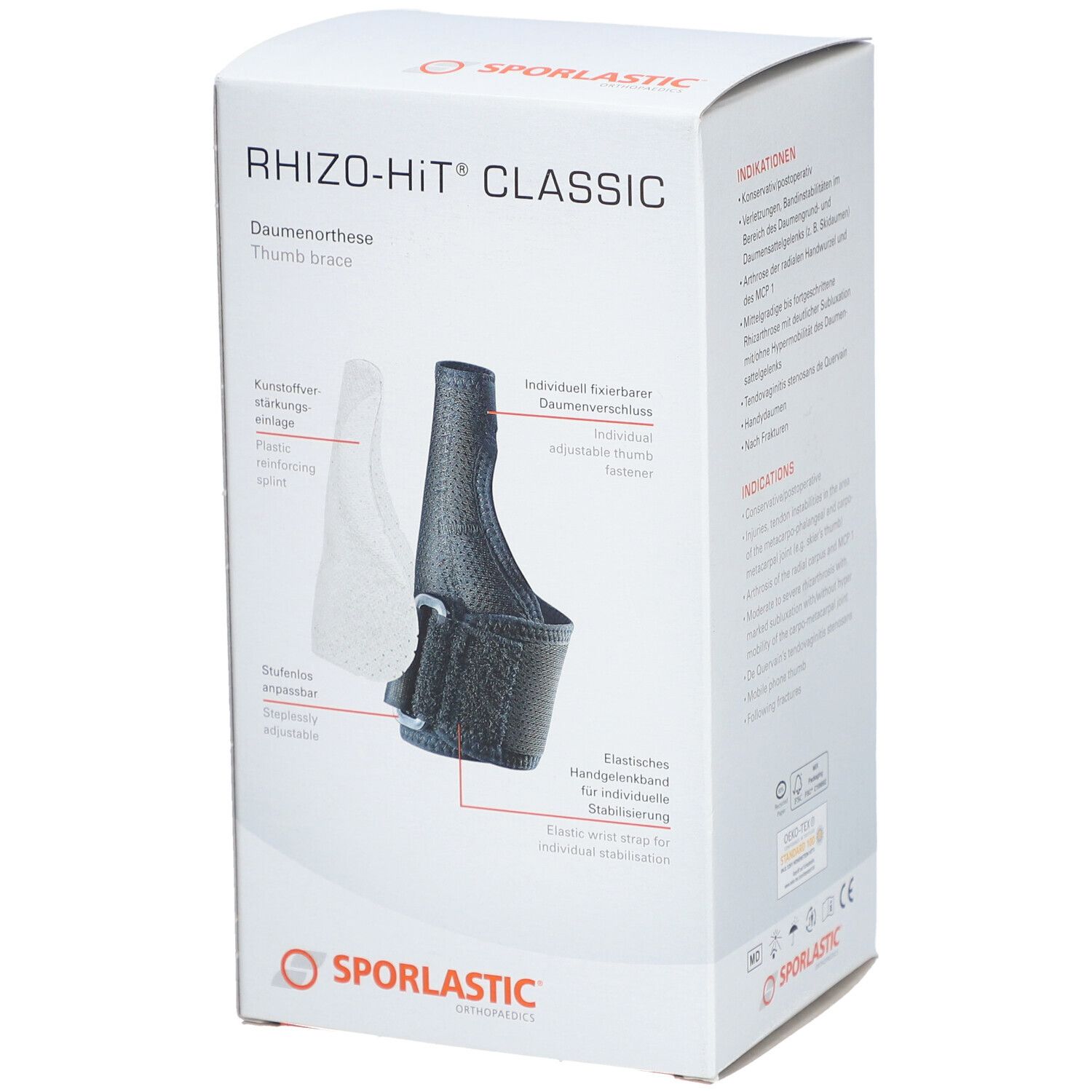 Verpakking van de duimorthese SPORLASTIC Rhizo-Hit Classic. Productafbeelding en gedetailleerd aanzicht van de orthese.