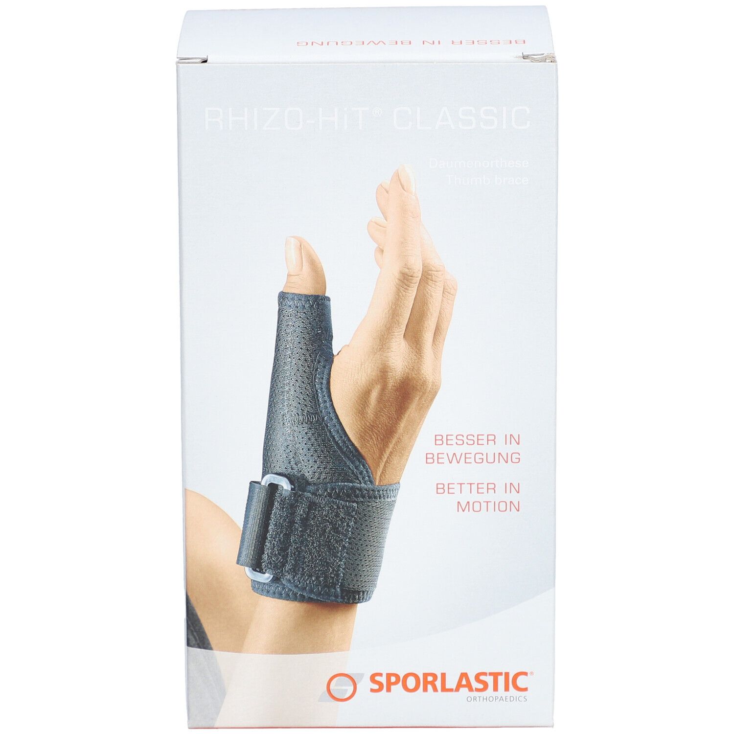 Duimorthese SPORLASTIC Rhizo-Hit Classic, zwart, bevestigd aan de pols. Maat 17-19 cm. Productafbeelding.