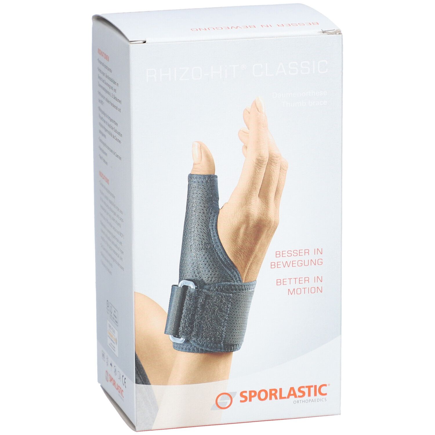 Duimorthese SPORLASTIC Rhizo-Hit Classic, zwart, bevestigd aan de pols. Maat 17-19 cm. Productafbeelding.