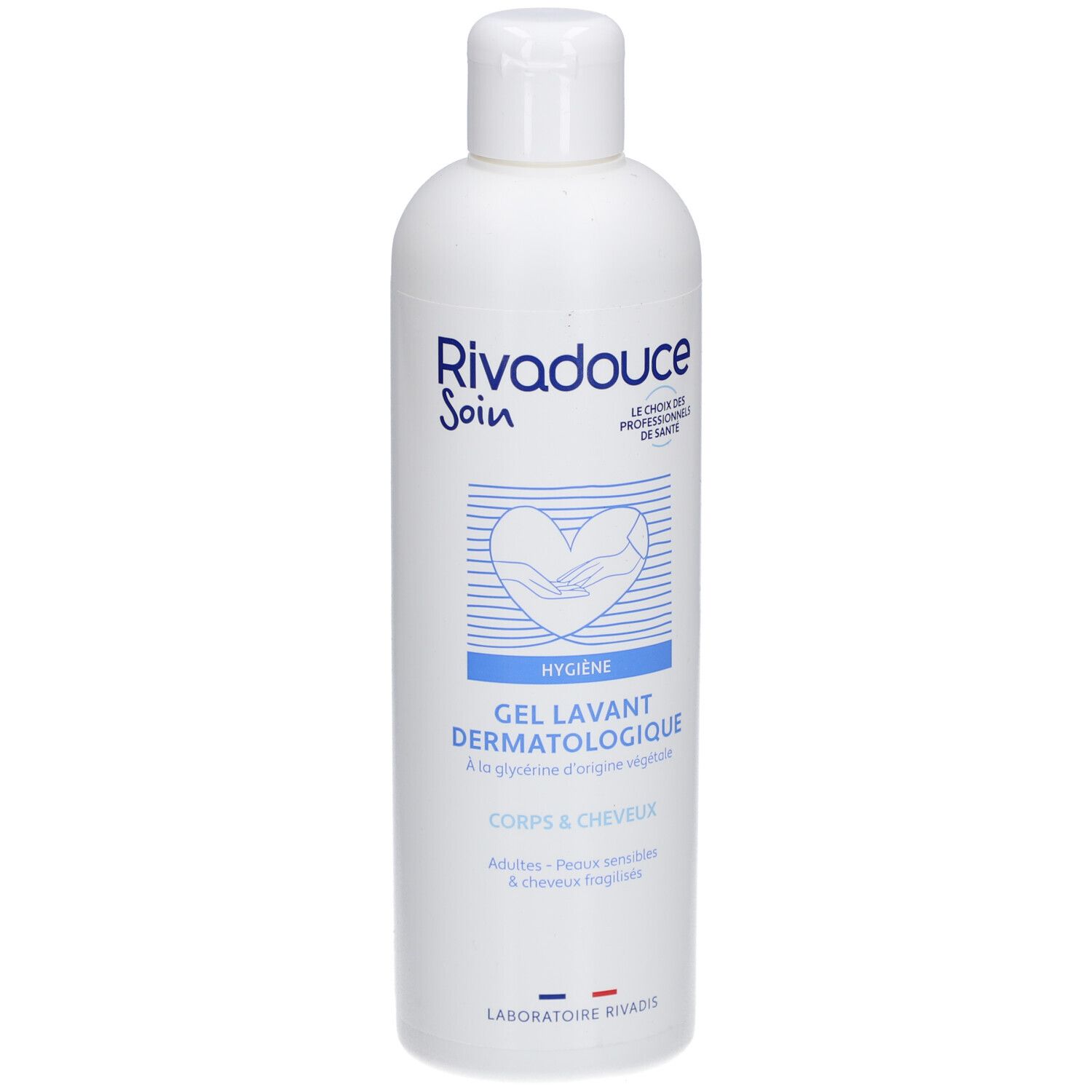 Flacon blanc RIVADOUCE. Texte bleu: "Gel Lavant Dermatologique". Pour corps et cheveux. Logo mains et cœur.