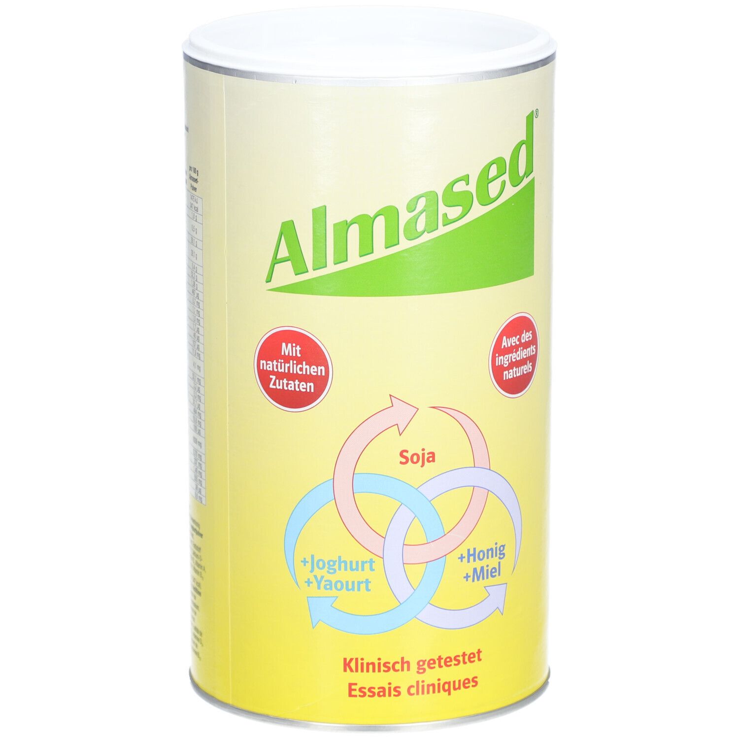 Cilindrische bus ALMASED® Vitalität Poudre. Groen-geel ontwerp. Logo's: Soja, Yoghurt, Honing. "Met natuurlijke ingrediënten".