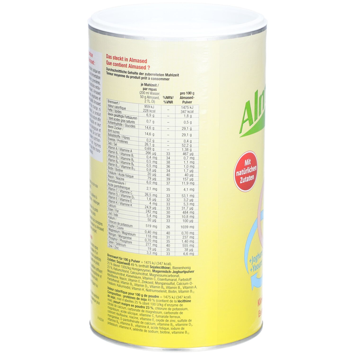 ALMASED® bus, achterkant met voedingswaardetabel en tekst. "Met natuurlijke ingrediënten".