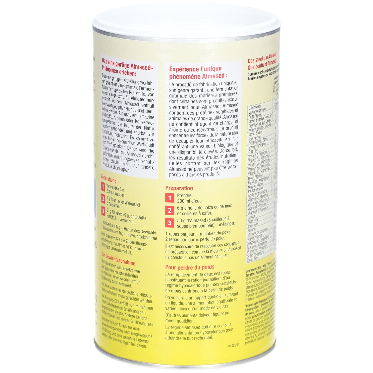ALMASED® bus, achterkant met tekst over productie en gebruik. Bereidingsinstructies.