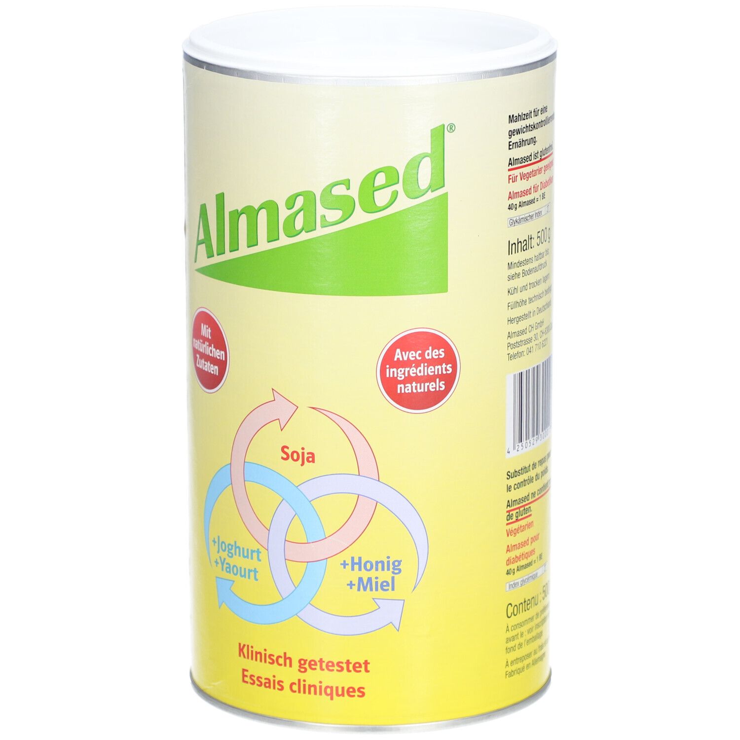 ALMASED® bus, groen-geel ontwerp. Logo's: Soja, Yoghurt, Honing. "Met natuurlijke ingrediënten". Barcode.