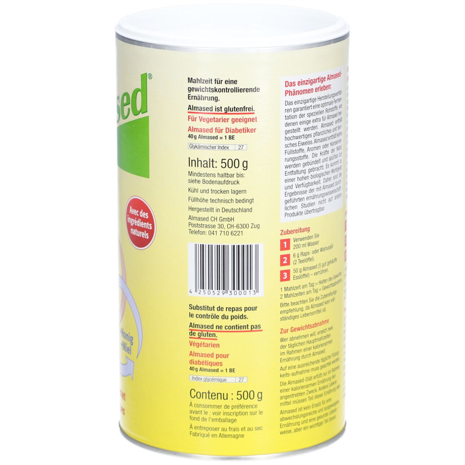ALMASED® bus, achterkant met tekst. Inhoud: 500 g. Glutenvrij. Geschikt voor diabetici. Bereidingsinstructies.