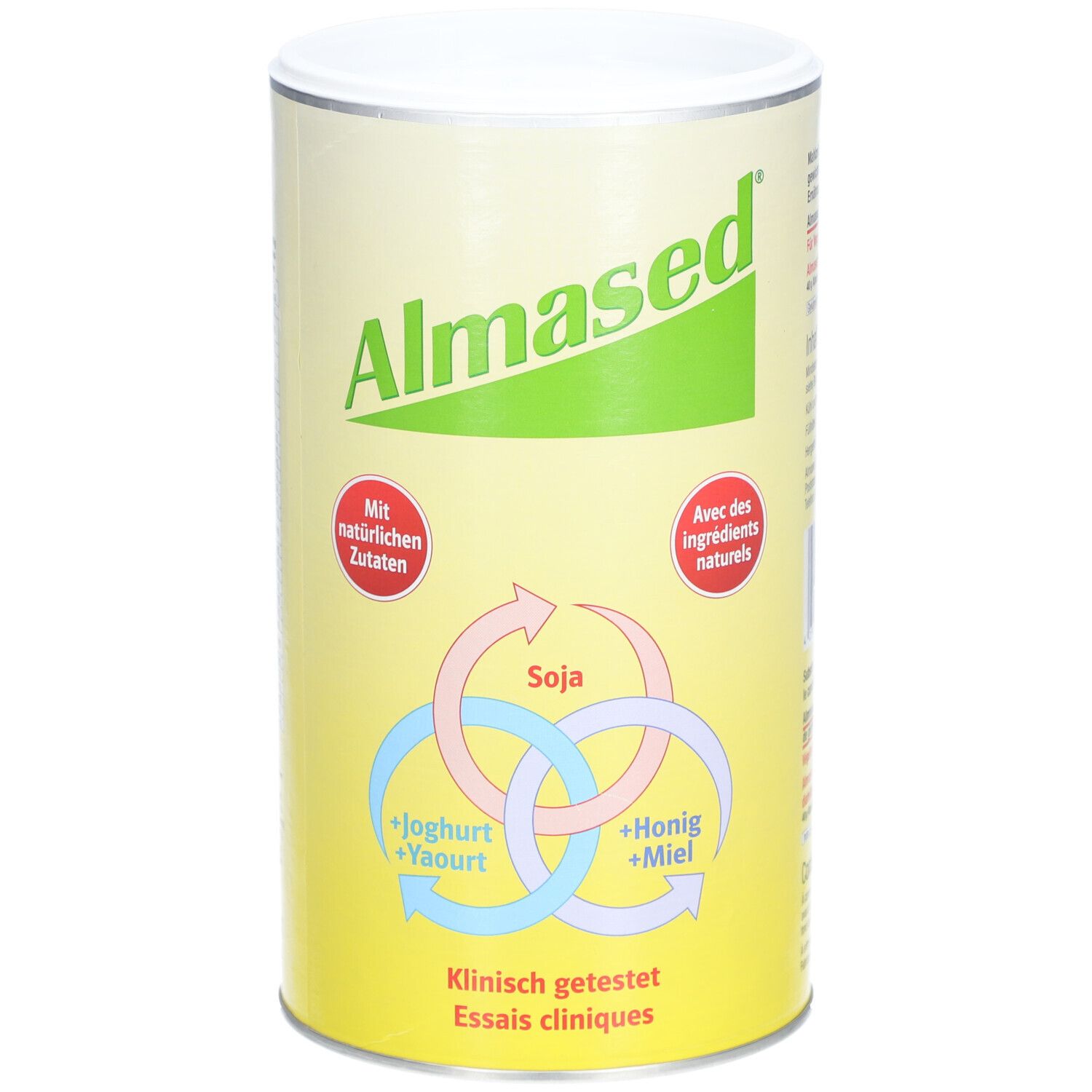 Cilindrische bus ALMASED® Vitalität Poudre. Groen-geel ontwerp. Logo's: Soja, Yoghurt, Honing. "Met natuurlijke ingrediënten".