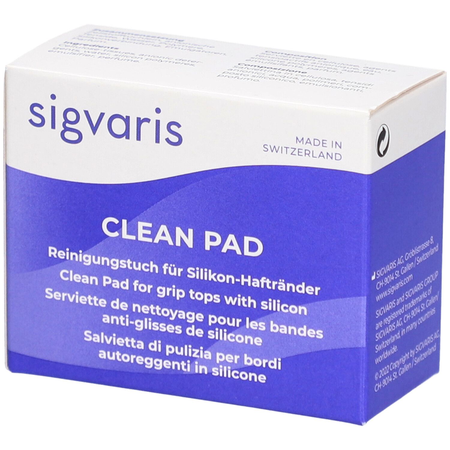 Wit en blauw doosje met "sigvaris" logo en "CLEAN PAD" tekst. Bevat reinigingsdoekjes voor siliconen randen. Gemaakt in Zwitserland.