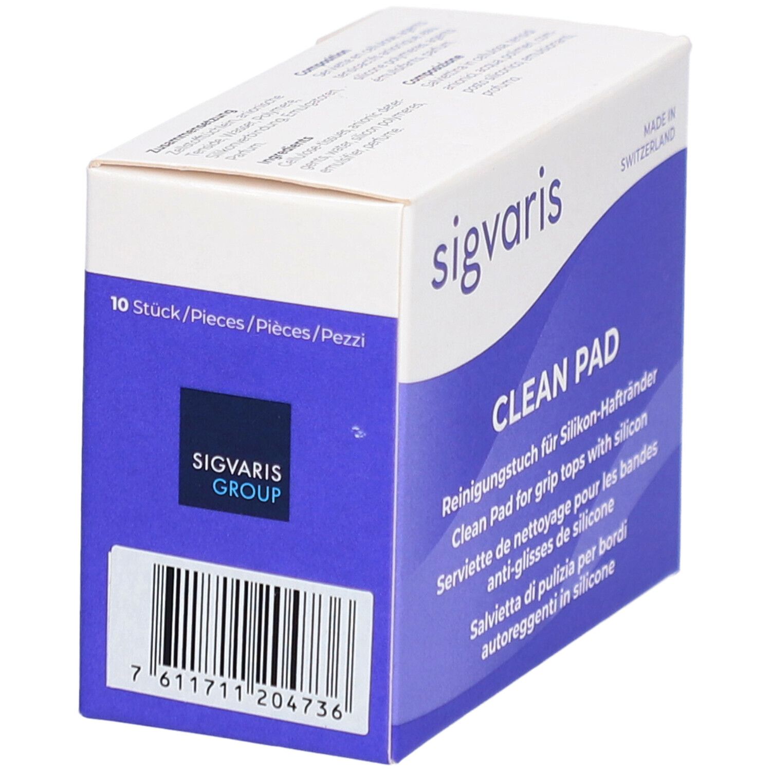 Blauwe zijkant van een "CLEAN PAD" doosje met "SIGVARIS GROUP" logo en barcode. Bevat 10 stuks. Gemaakt in Zwitserland.