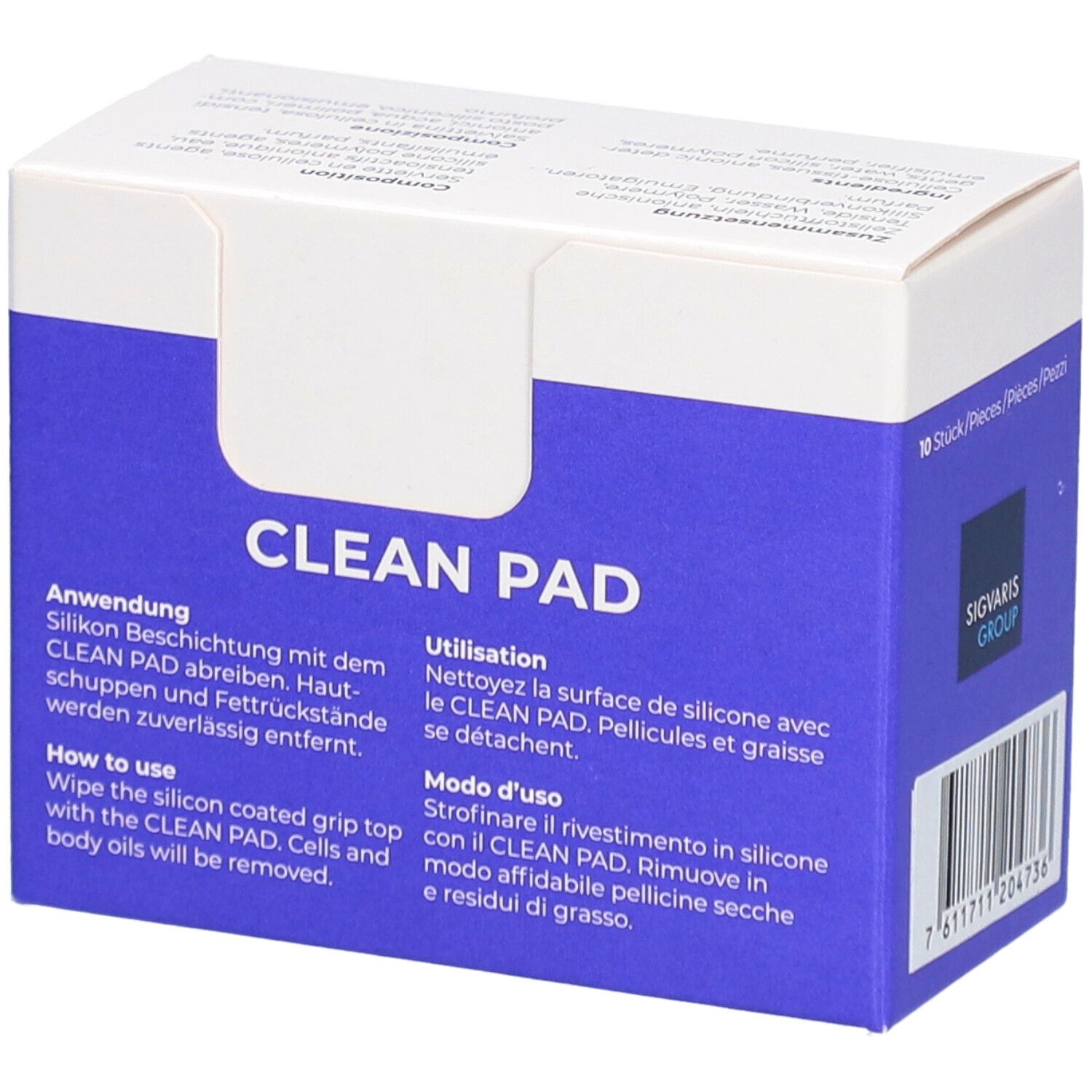 Blauw "CLEAN PAD" doosje met gebruiksaanwijzing. Beschrijft het reinigen van siliconen coatings. Bevat 10 stuks.