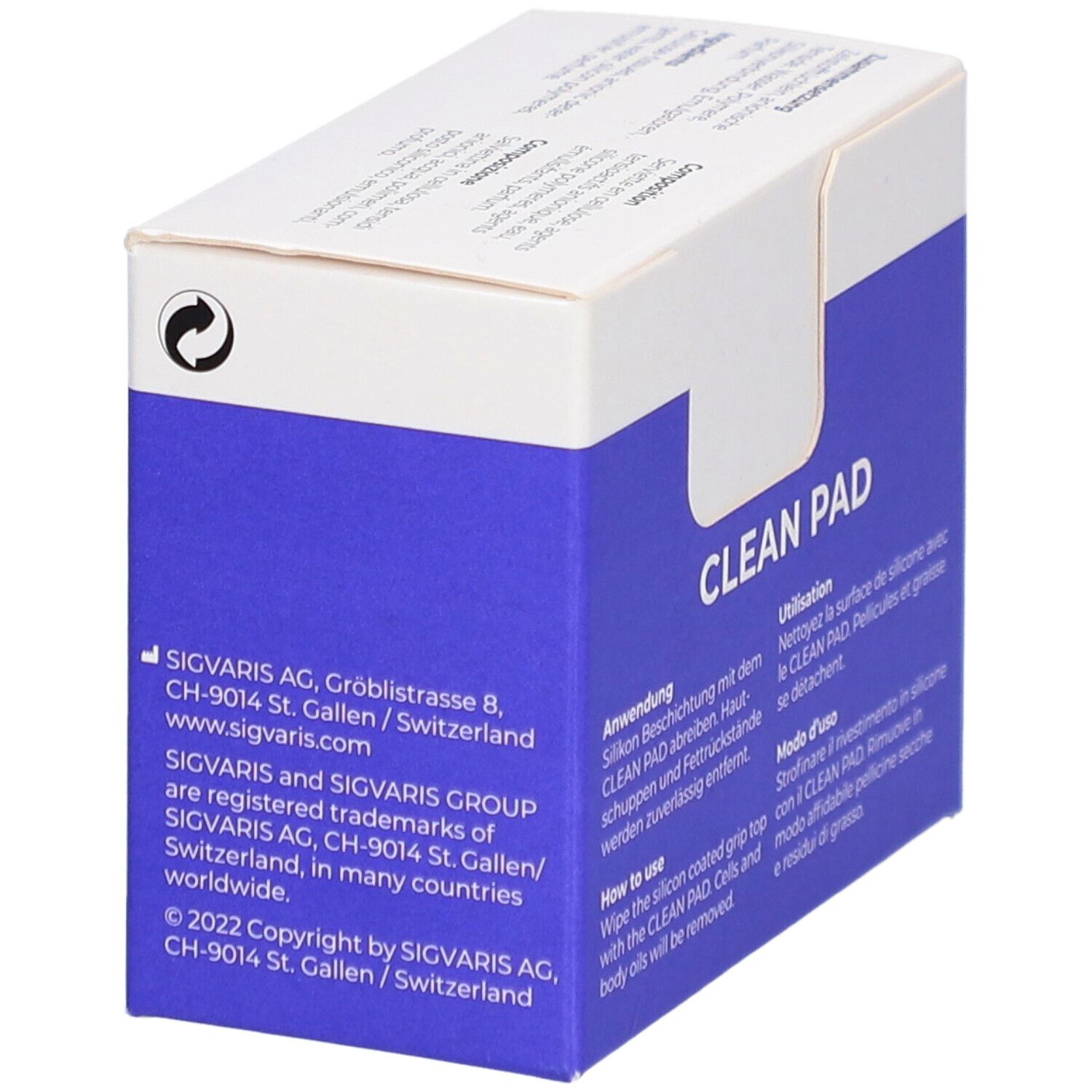 Blauw "CLEAN PAD" doosje met logo en contactgegevens van SIGVARIS AG. Gemaakt in Zwitserland.