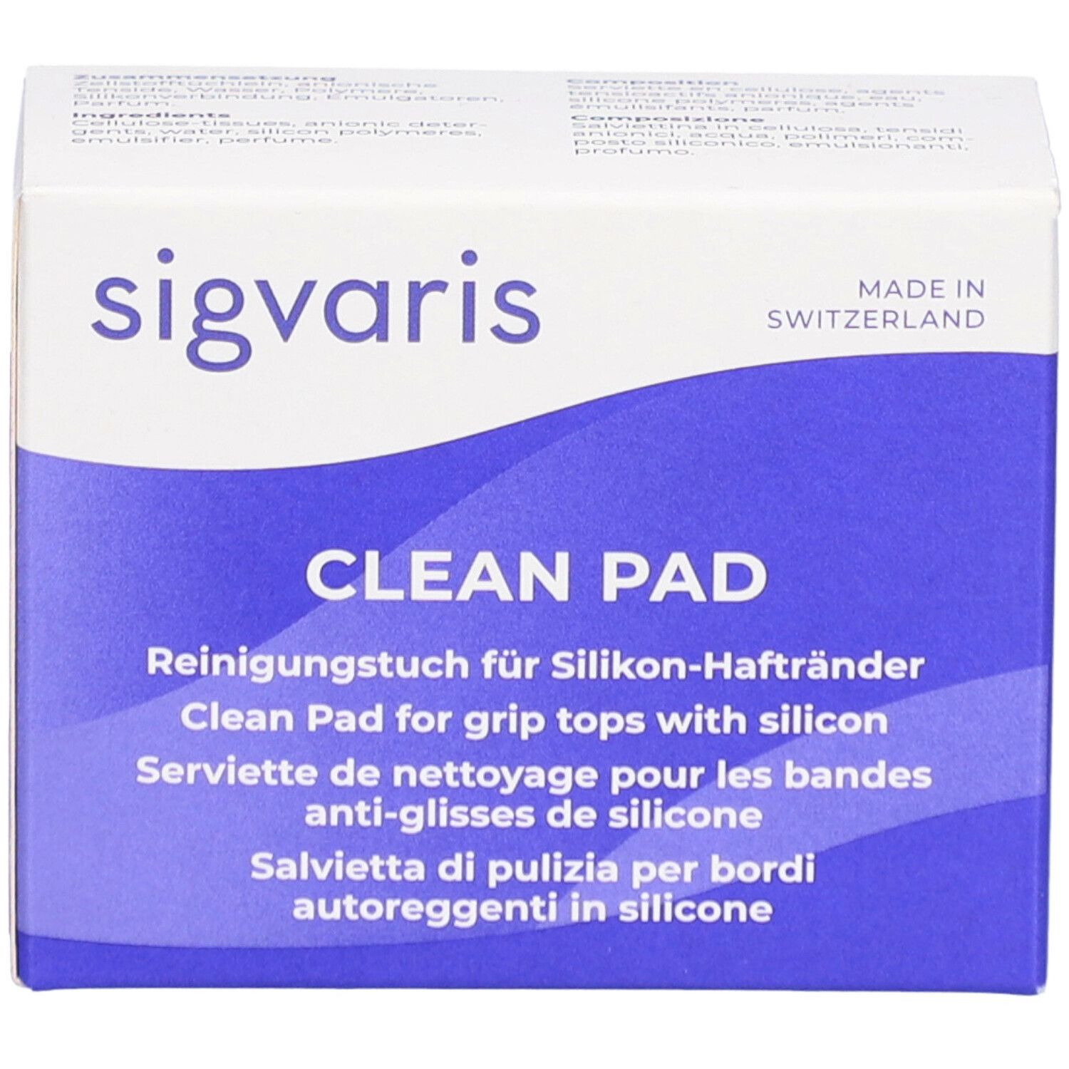 Wit en blauw doosje met "sigvaris" logo en "CLEAN PAD" tekst. Bevat reinigingsdoekjes voor siliconen randen. Gemaakt in Zwitserland.
