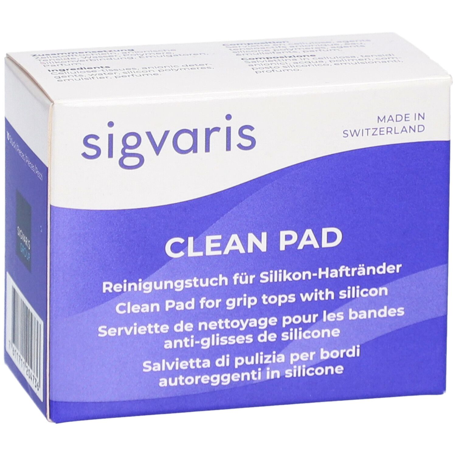 Wit en blauw doosje met "sigvaris" logo en "CLEAN PAD" tekst. Bevat reinigingsdoekjes voor siliconen randen. Gemaakt in Zwitserland.
