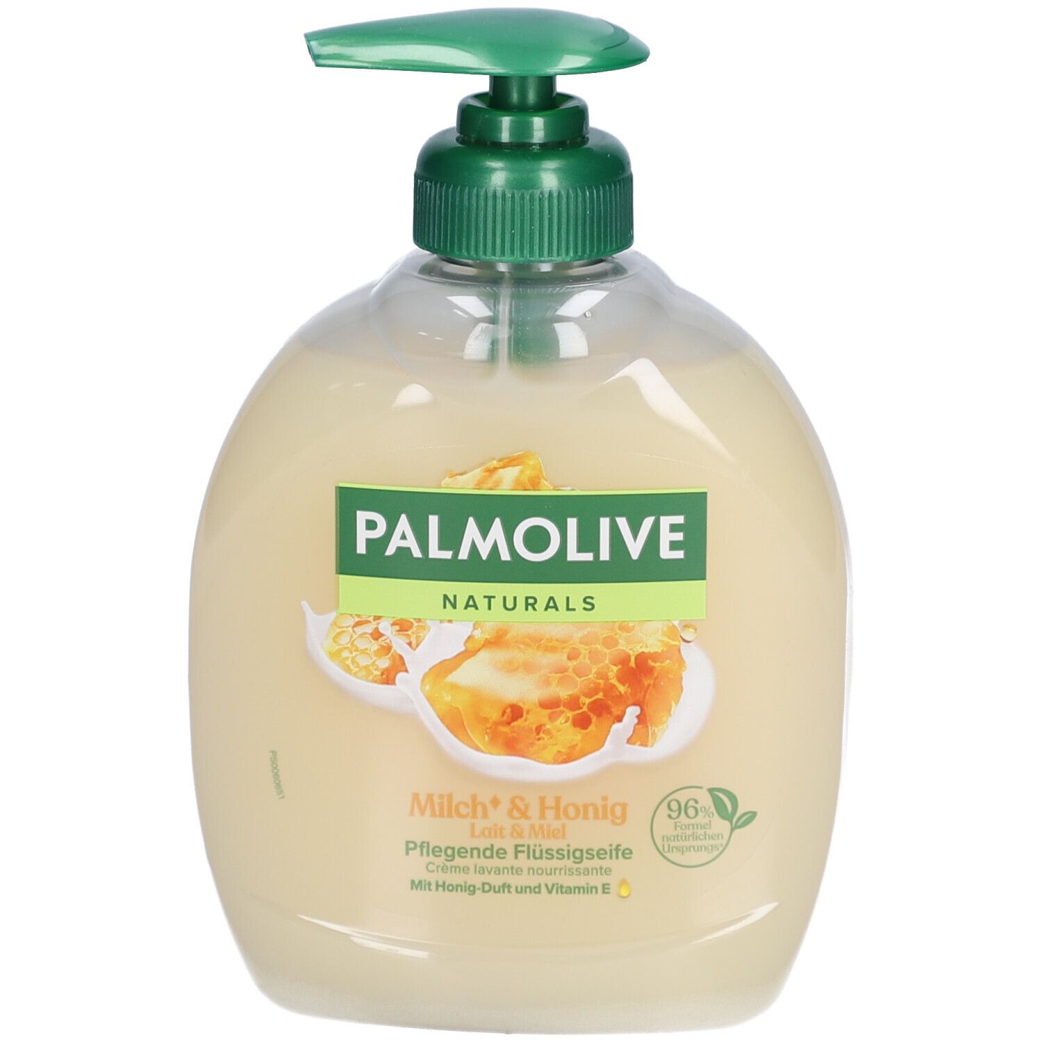 Savon liquide avec distributeur. PALMOLIVE Naturals Lait & Miel. Illustration en nid d'abeilles. Soin doux.