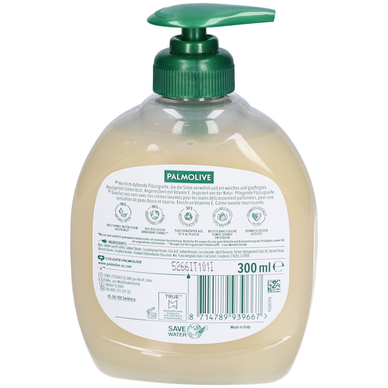 Dos du savon liquide. Logo PALMOLIVE. Informations textuelles. 300 ml. Symboles de recyclage et de durabilité.