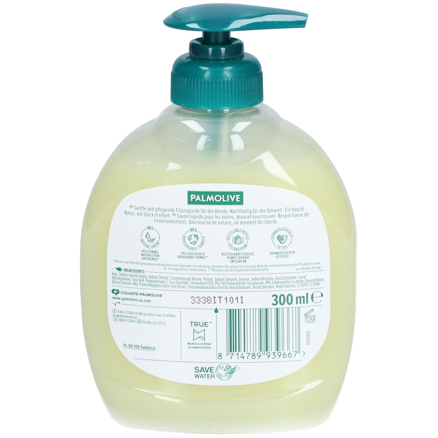 Dos du savon liquide. Logo PALMOLIVE. Informations textuelles. 300 ml. Symboles de recyclage et de durabilité.