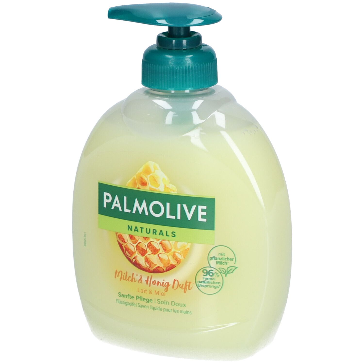 Savon liquide avec distributeur. PALMOLIVE Naturals Lait & Miel. Illustration en nid d'abeilles. Soin doux.