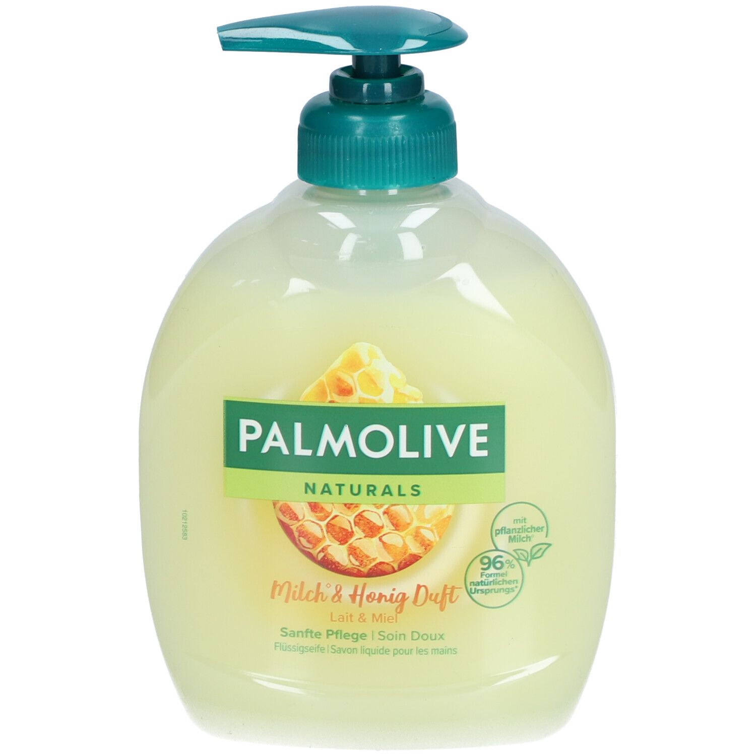 Savon liquide avec distributeur. PALMOLIVE Naturals Lait & Miel. Illustration en nid d'abeilles. 96% d'origine naturelle.