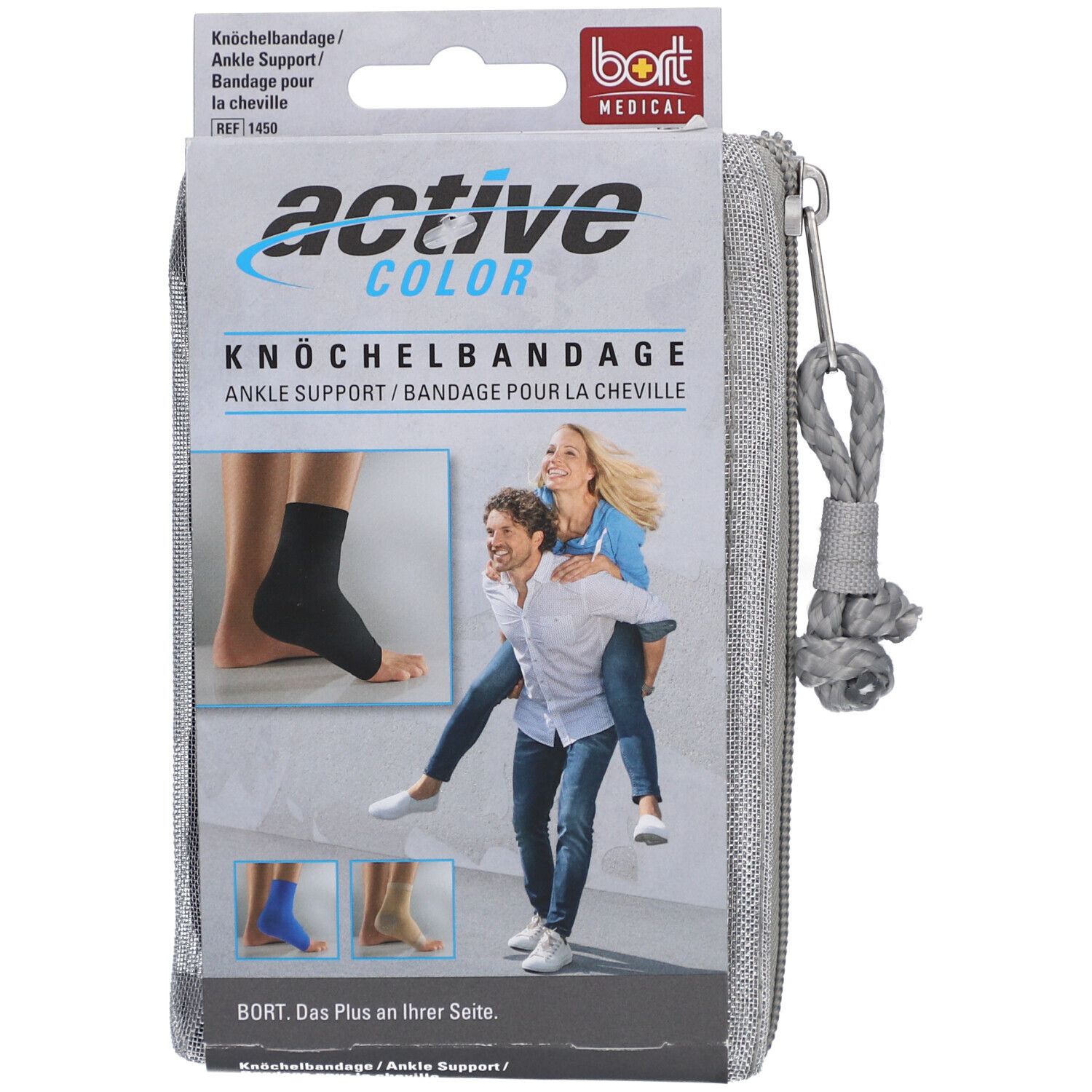 Grijze etui met ritssluiting met productverpakking. Opdruk: ActiveColor Knöchelbandage. Afbeelding: bandage op voet, personen.