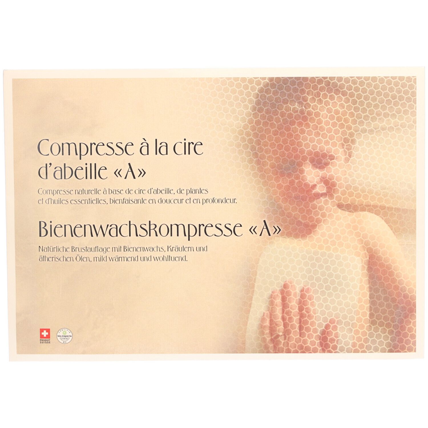 Verpakking met tekst: Bienenwachskompresse «A». Zwitsers kruis en kwaliteitslabel. Kind met honingraatpatroon.