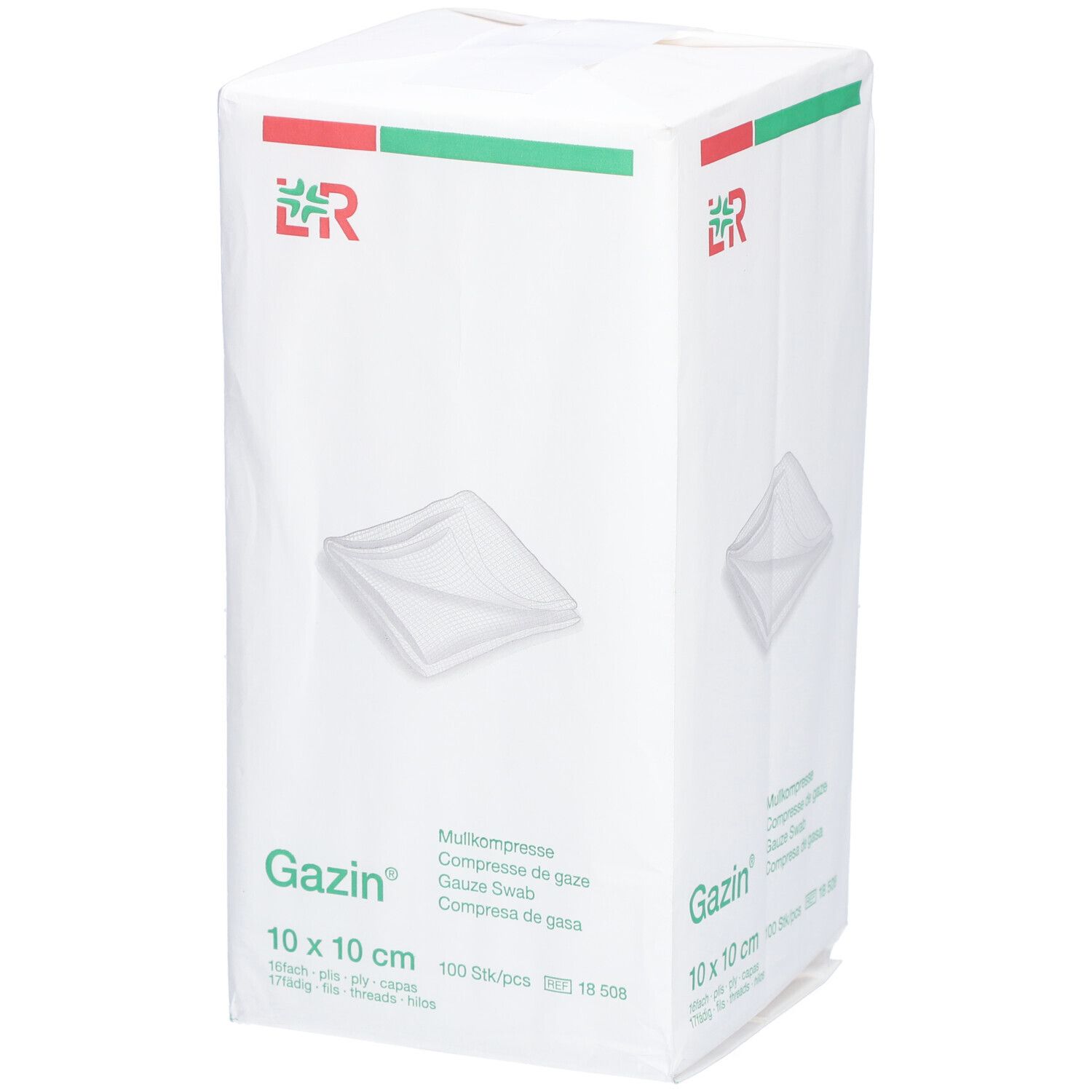 Emballage de compresses de gaze Gazin 10x10cm. Inscriptions : Gazin, 10 x 10 cm, 100 pcs, logo. Emballage blanc avec logo rouge et vert.