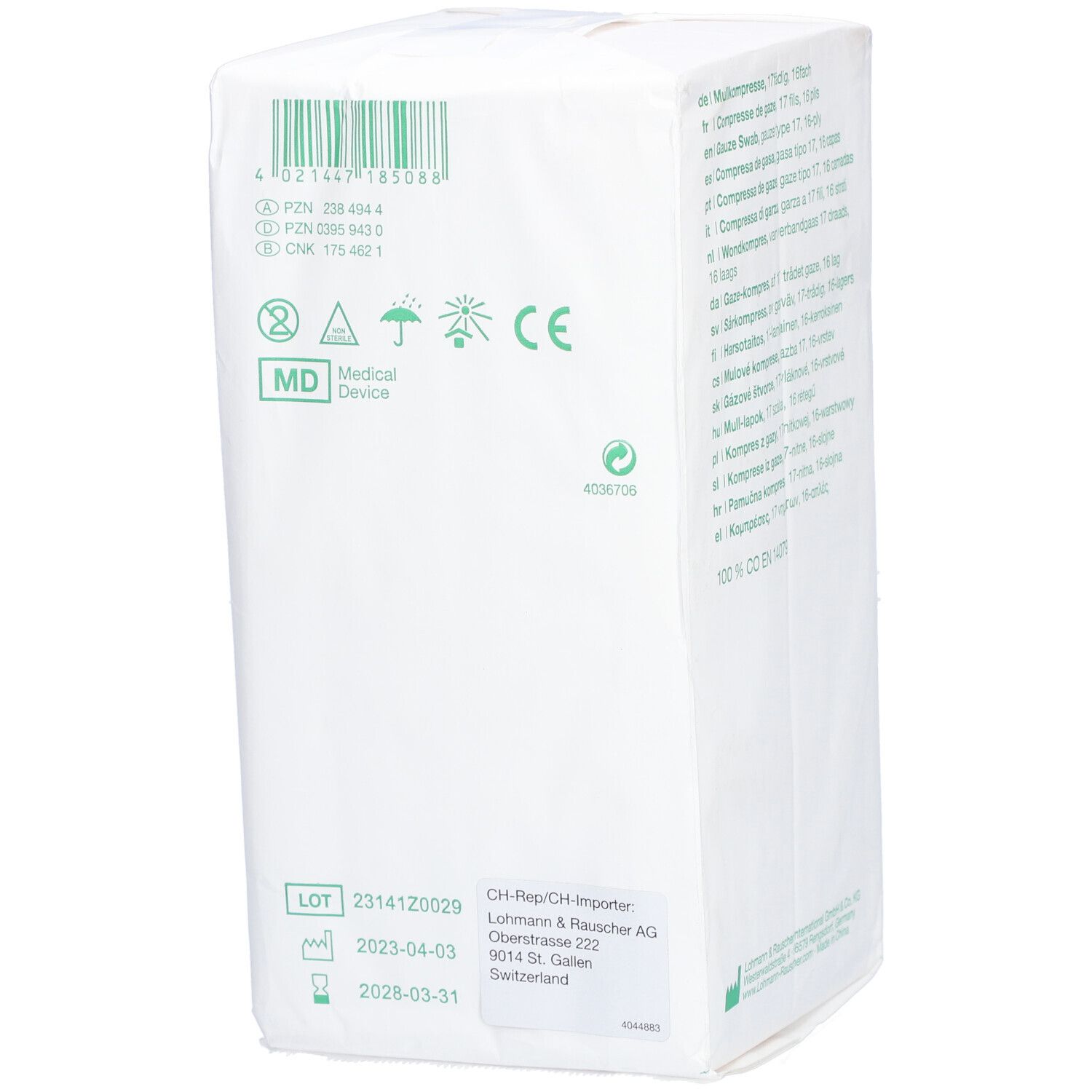 Emballage de compresses de gaze Gazin. Inscriptions : marquage CE, MD Medical Device, numéro de lot, date de péremption. Emballage blanc.