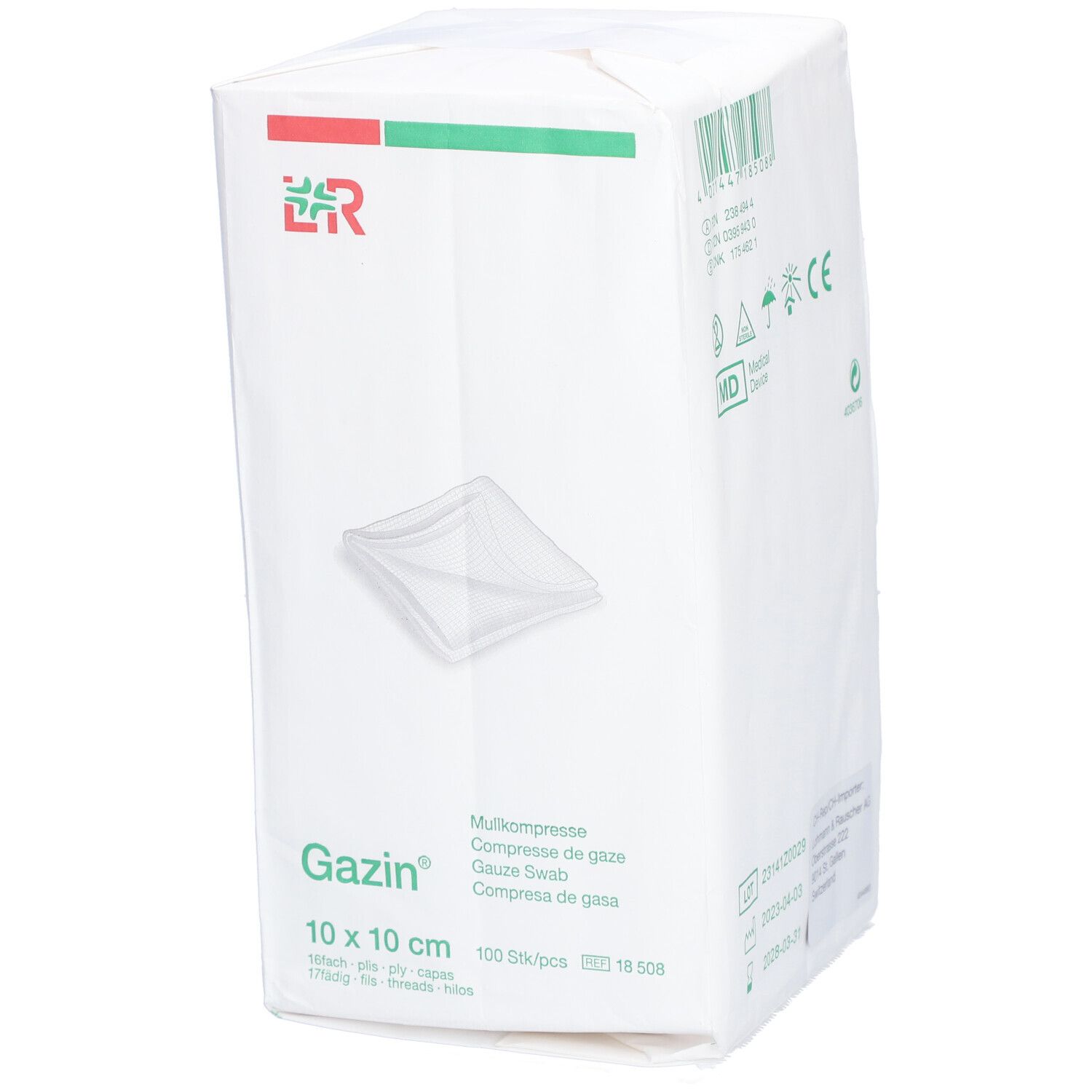 Emballage de compresses de gaze Gazin 10x10cm. Inscriptions : Gazin, 10 x 10 cm, 100 pcs, logo. Emballage blanc avec logo rouge et vert.