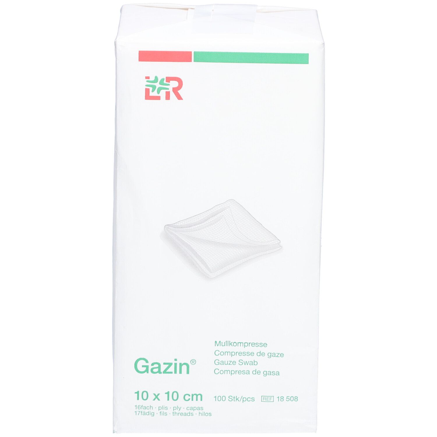 Emballage de compresses de gaze Gazin 10x10cm. Inscriptions : Gazin, 10 x 10 cm, 100 pcs, logo. Emballage blanc avec logo rouge et vert.