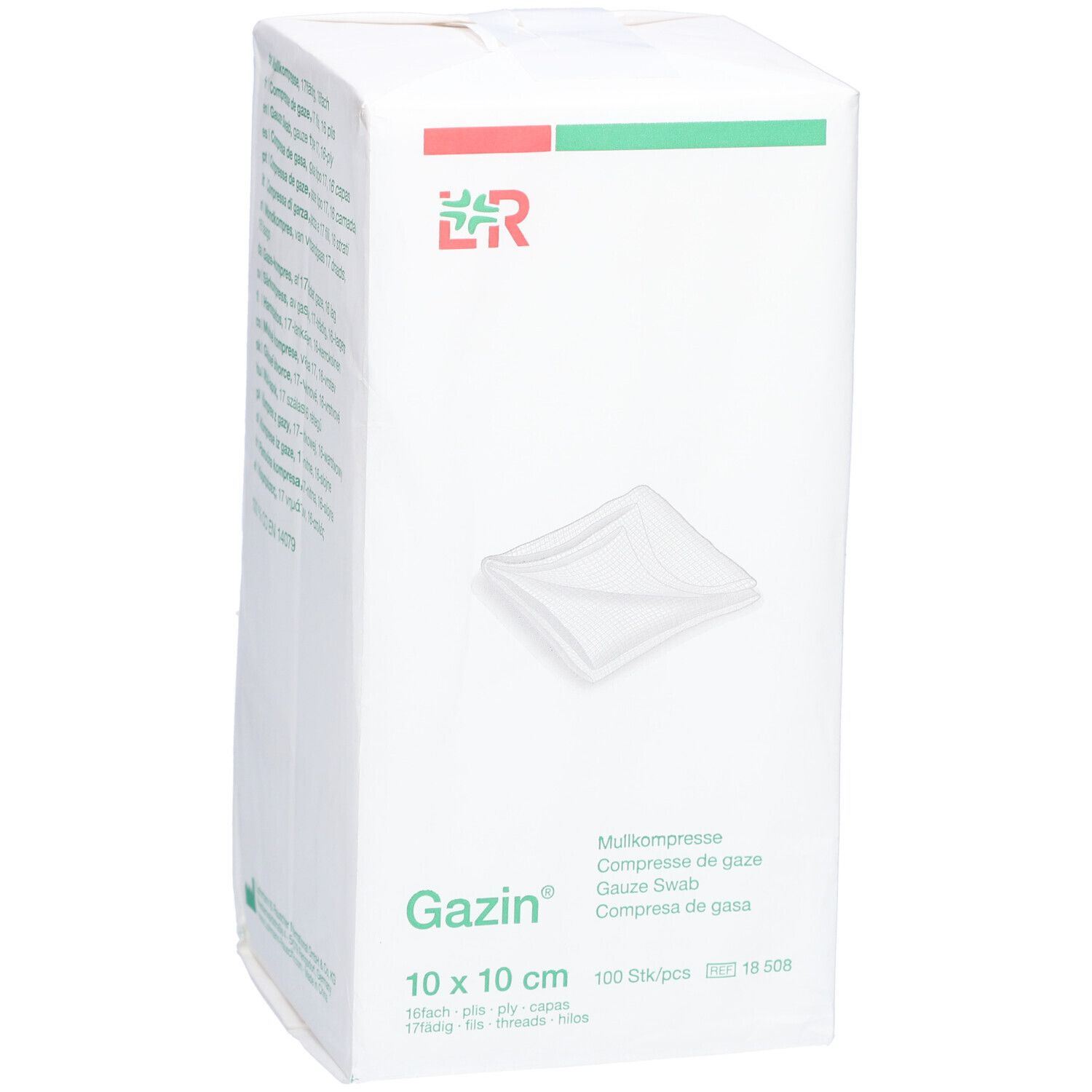 Emballage de compresses de gaze Gazin 10x10cm. Inscriptions : Gazin, 10 x 10 cm, 100 pcs, logo. Emballage blanc avec logo rouge et vert.