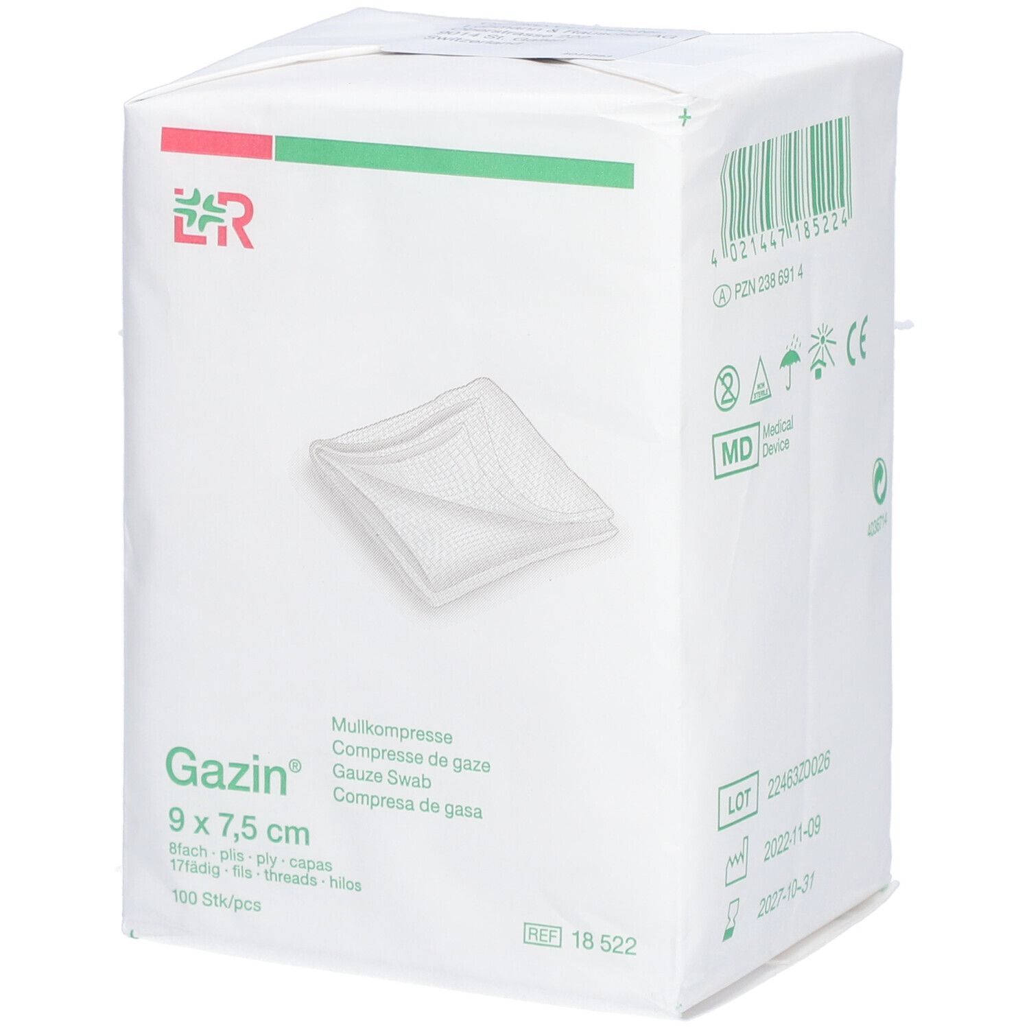 Verpakking Gazin gaascompressen 9 x 7,5 cm. Witte doos met productafbeelding en groene accenten.