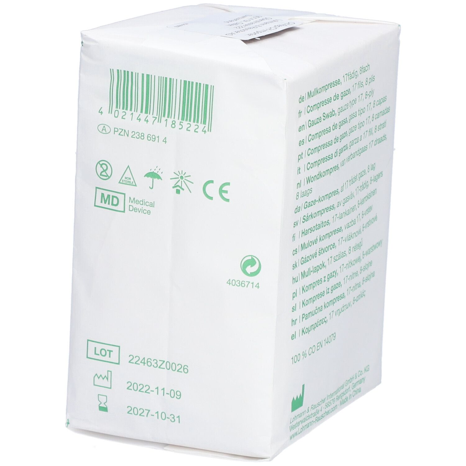 Achterkant van de Gazin gaascompressen verpakking. Barcode, lotnummer, vervaldatum en certificeringen.