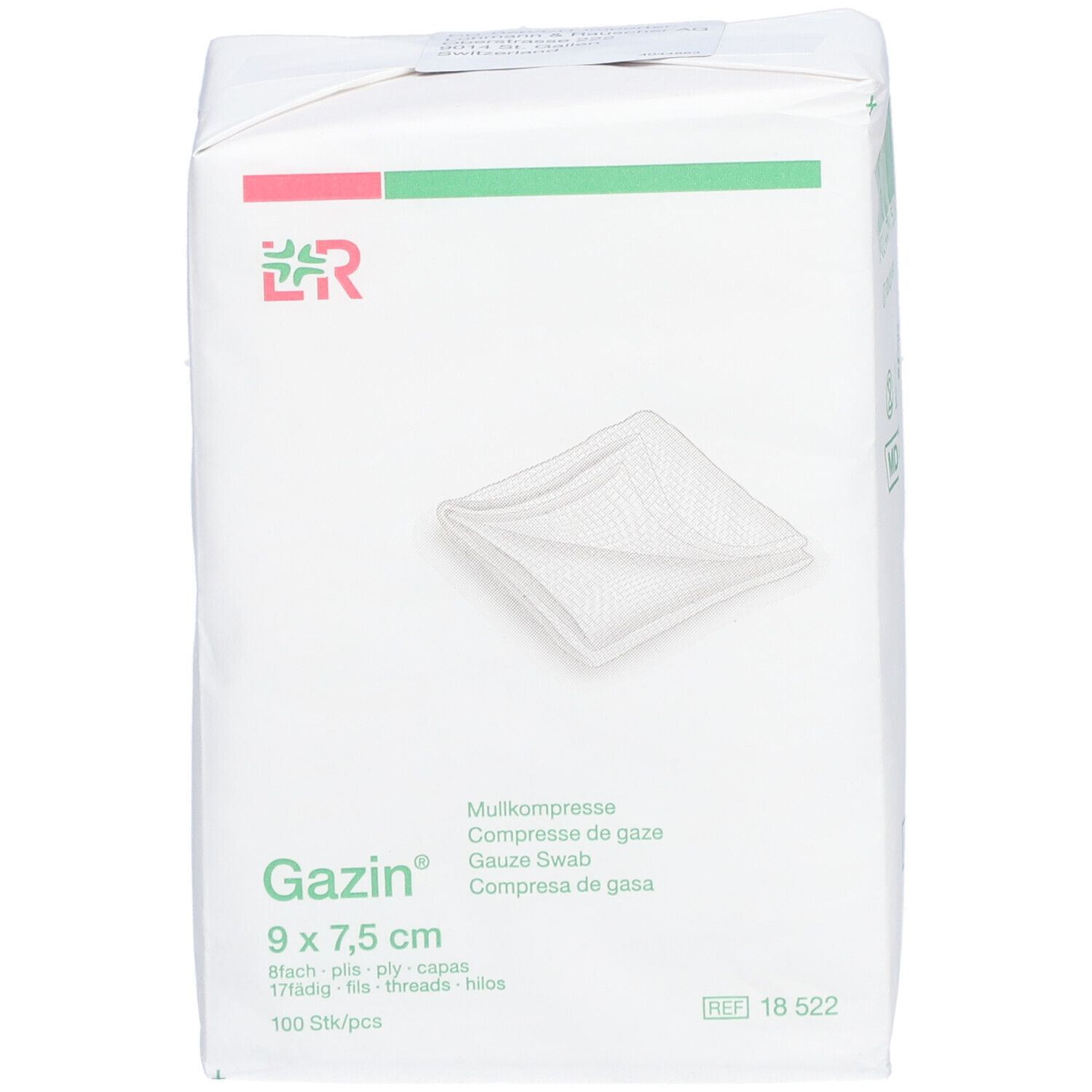 Gazin gaascompressen verpakking. Witte doos met productafbeelding, groene en rode accenten. Naam en afmetingen.