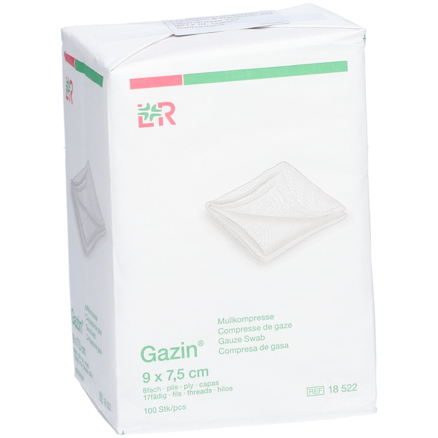 Gazin gaascompressen verpakking. Witte doos met productafbeelding, groene en rode accenten. Naam en afmetingen.