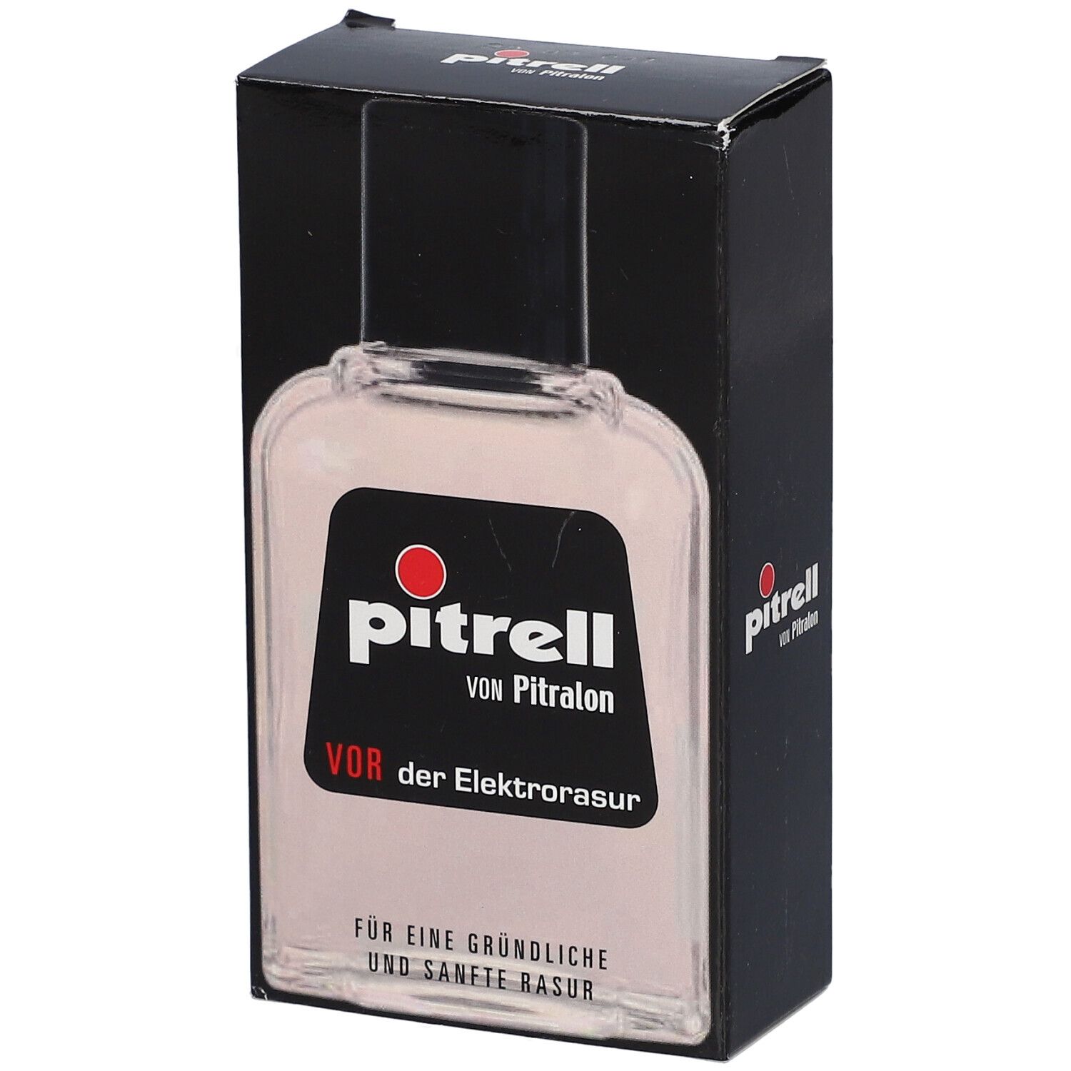 Fles met etiket in zwarte verpakking. Opschrift: Pitrell, voor het elektrisch scheren.