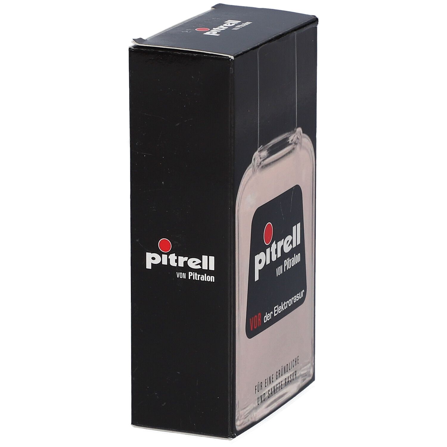 Zwarte verpakking met flesafbeelding. Opschrift: Pitrell, voor het elektrisch scheren.