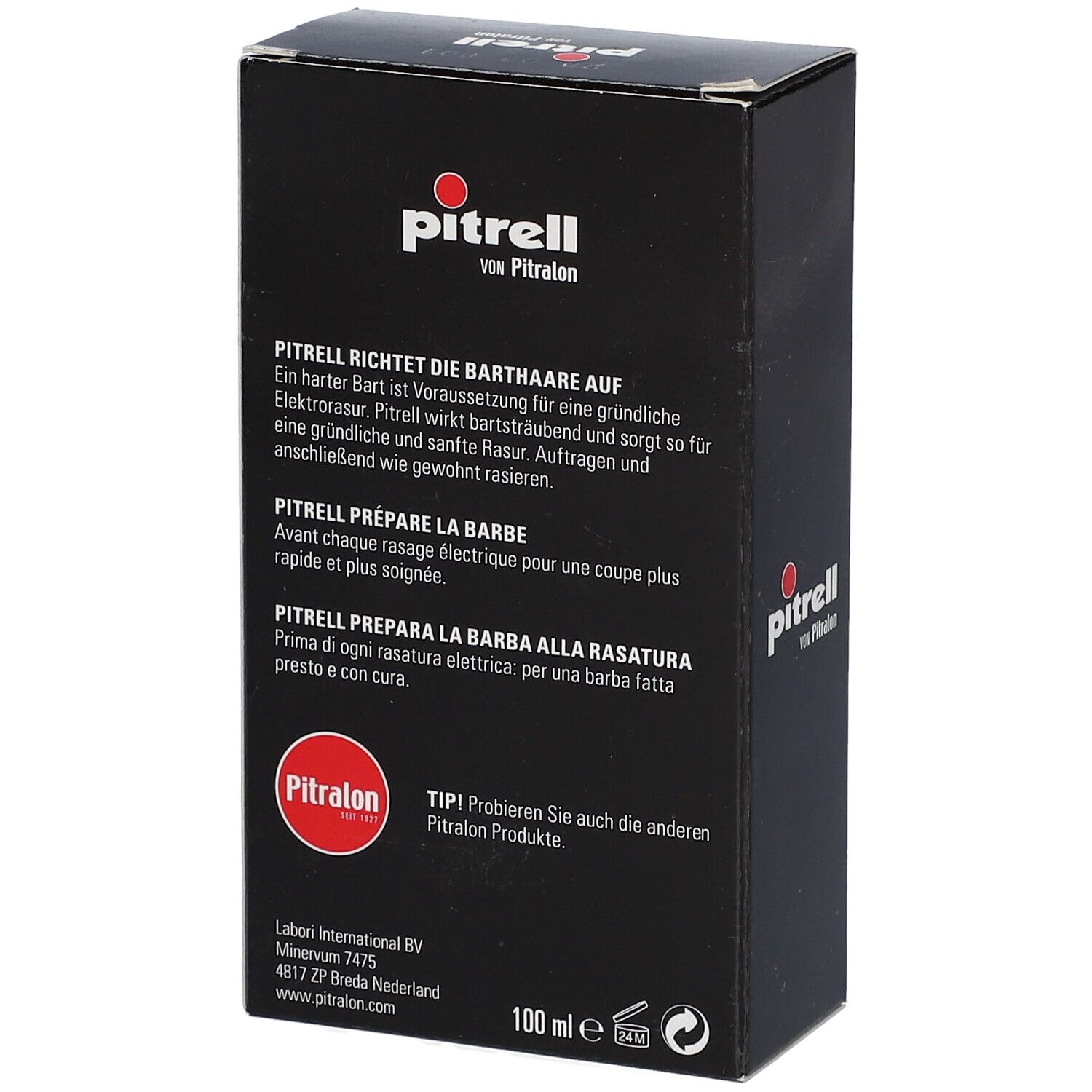 Zwarte verpakking, tekst: Pitrell, bereidt de baard voor. 100 ml.