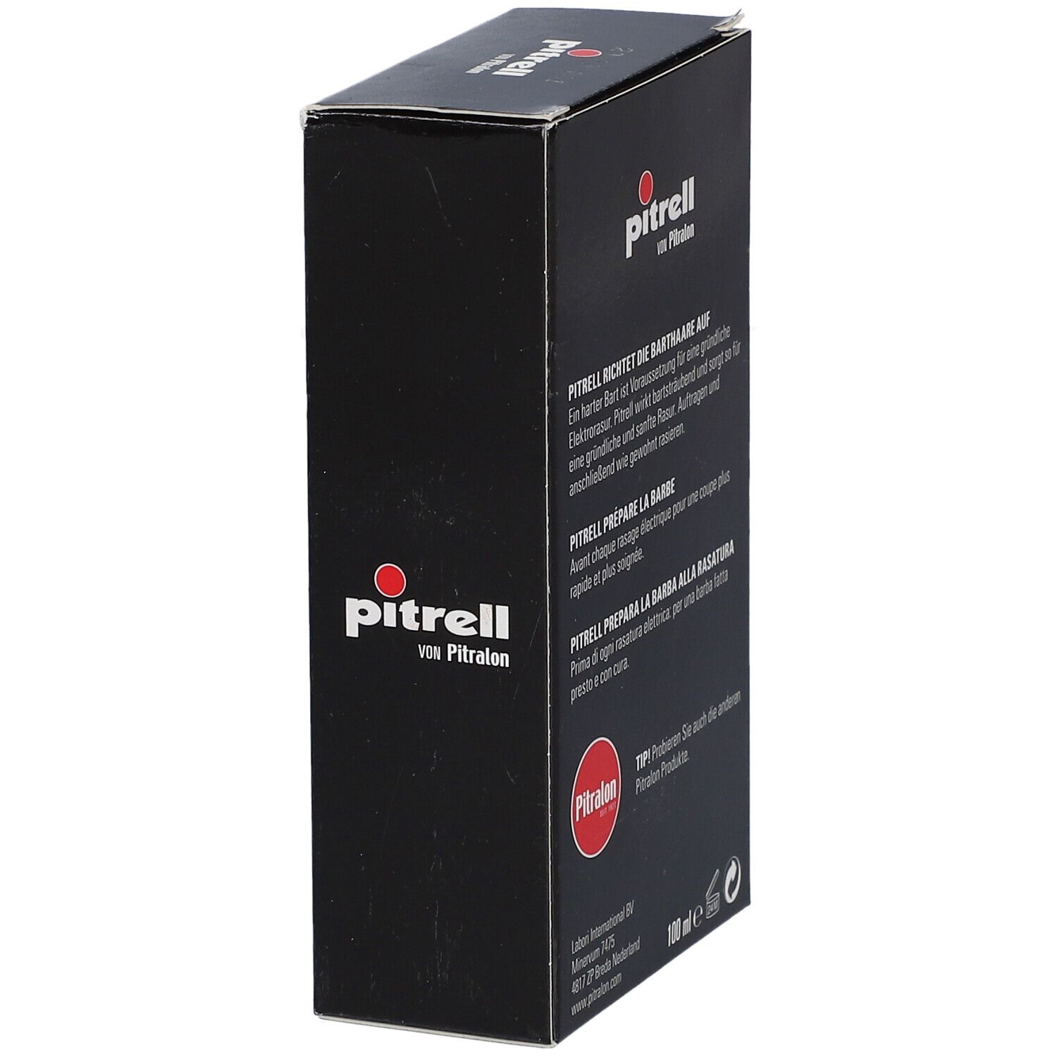 Zwarte verpakking, tekst: Pitrell, bereidt de baard voor. 100 ml.