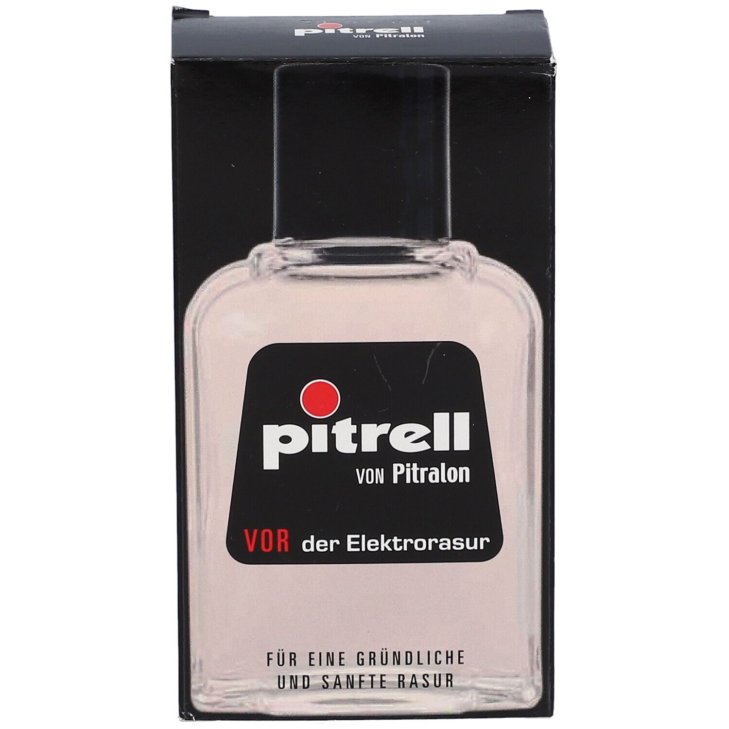 Fles met etiket in zwarte verpakking. Opschrift: Pitrell, voor het elektrisch scheren.