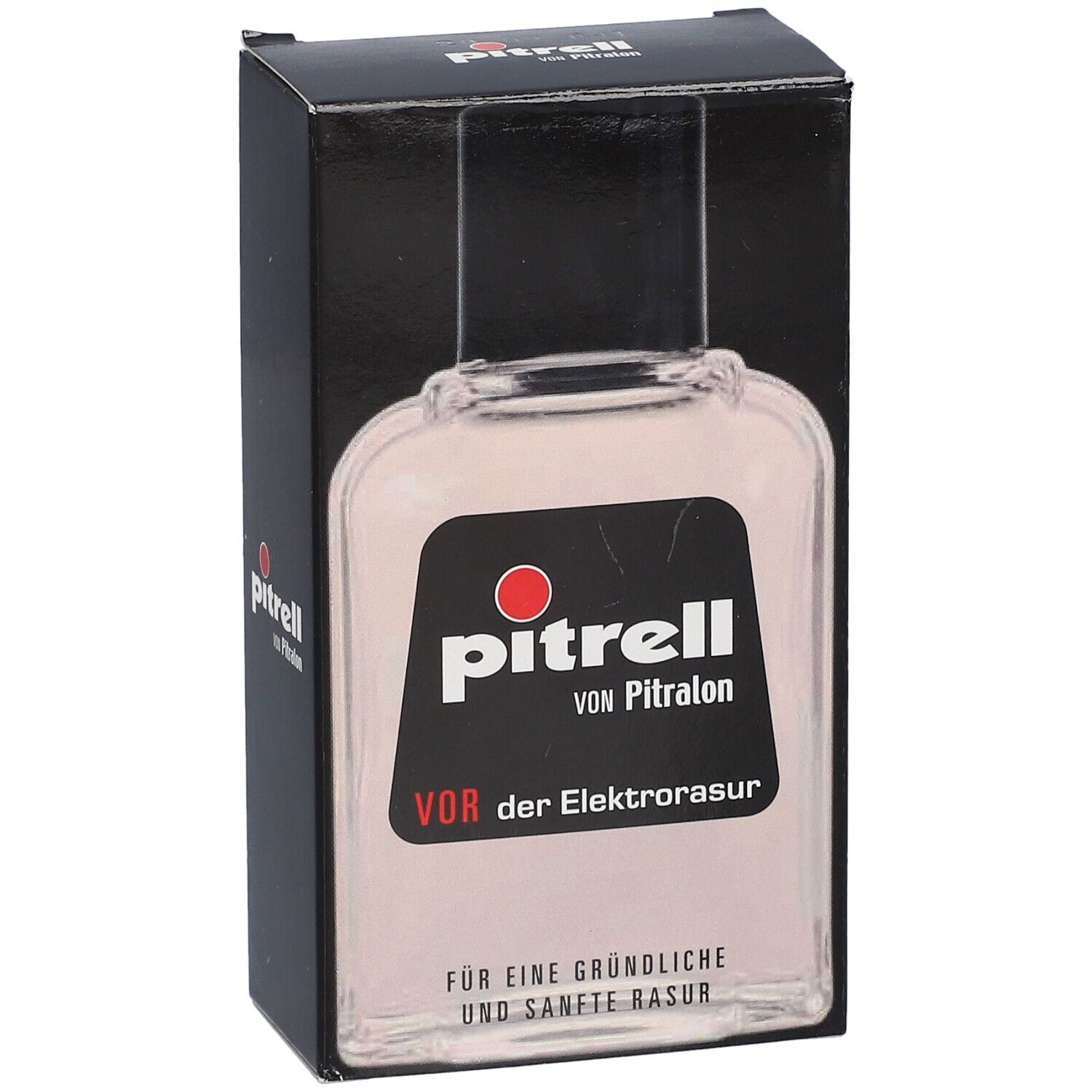 Fles met etiket in zwarte verpakking. Opschrift: Pitrell, voor het elektrisch scheren.