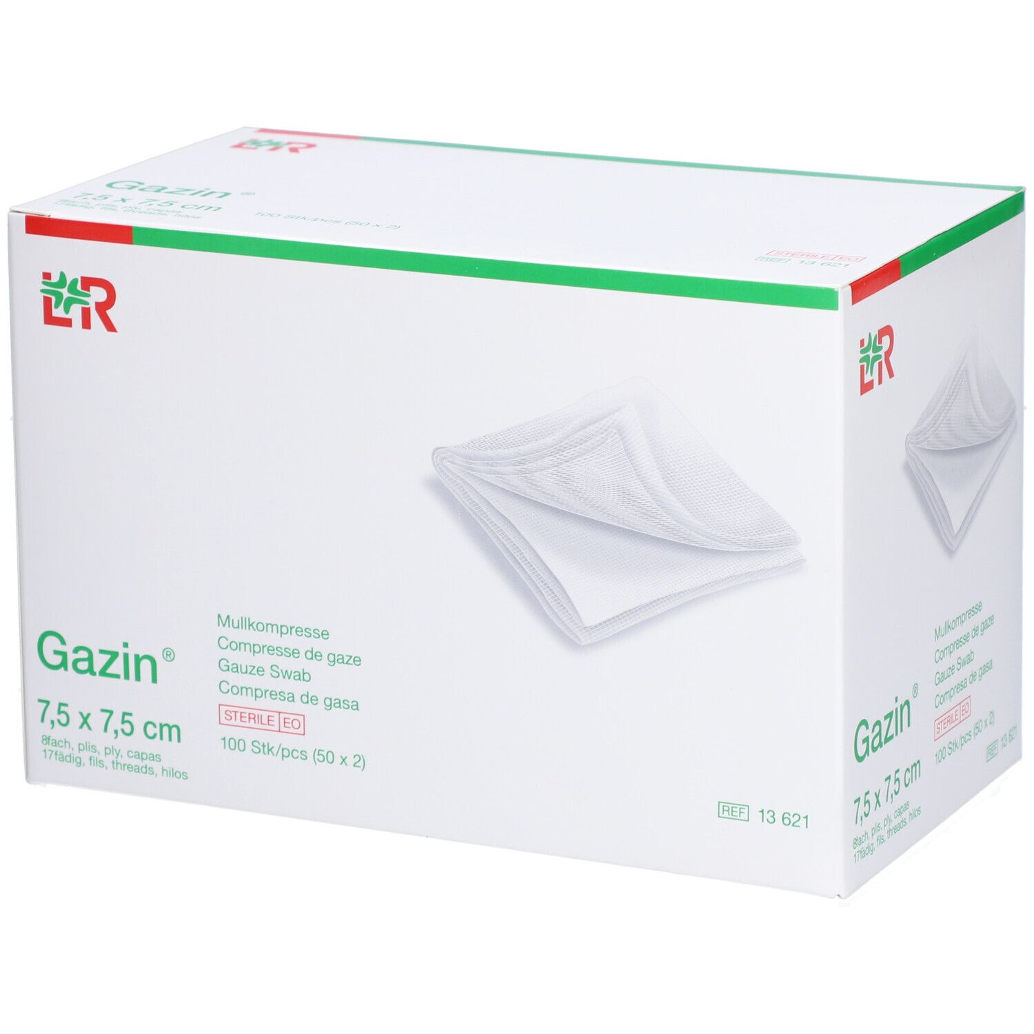 Gazin gaaskompressen 7,5 x 7,5 cm. Witte doos met groene accenten. 100 stuks.