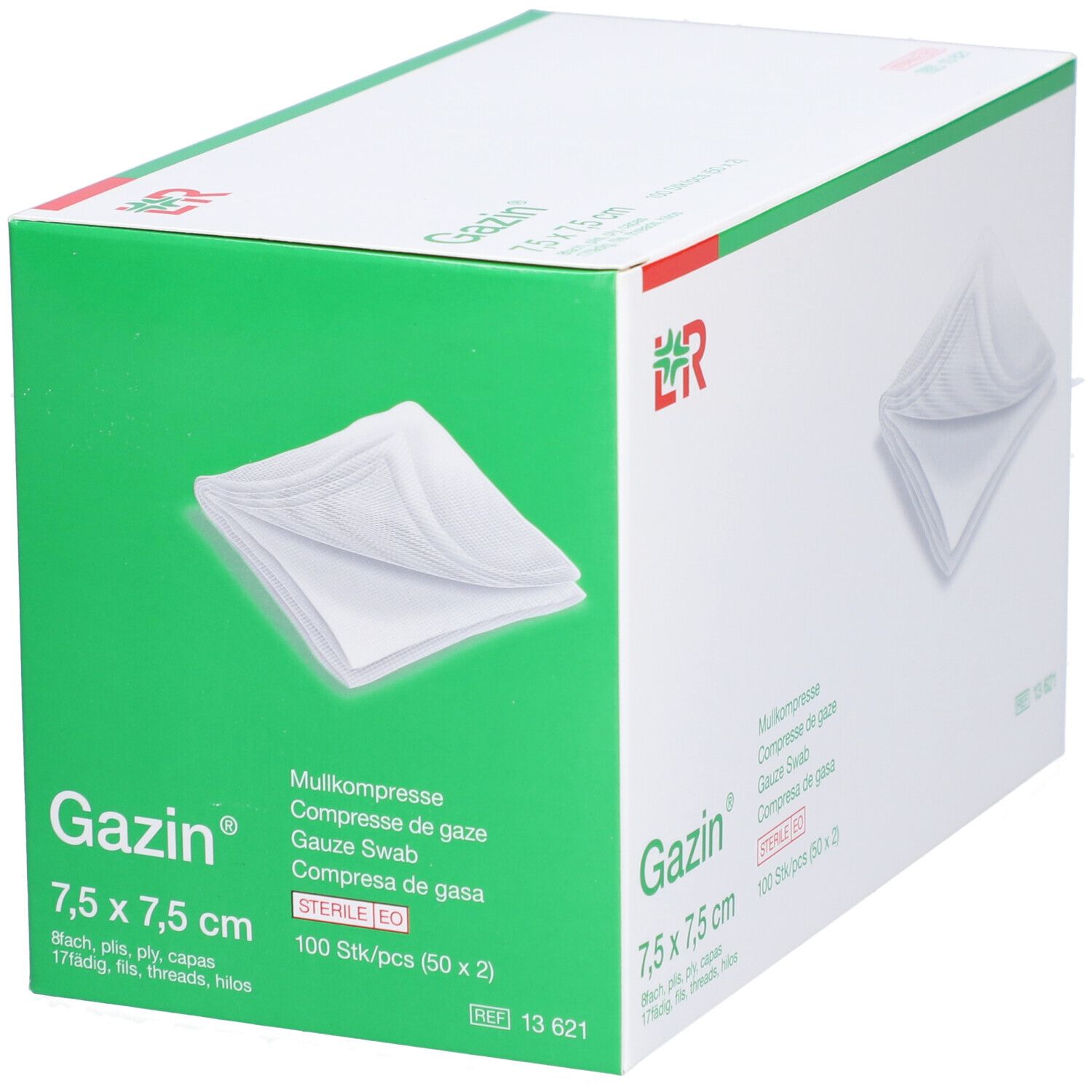 Gazin gaaskompressen 7,5 x 7,5 cm. Doos met groene achtergrond. 100 stuks.