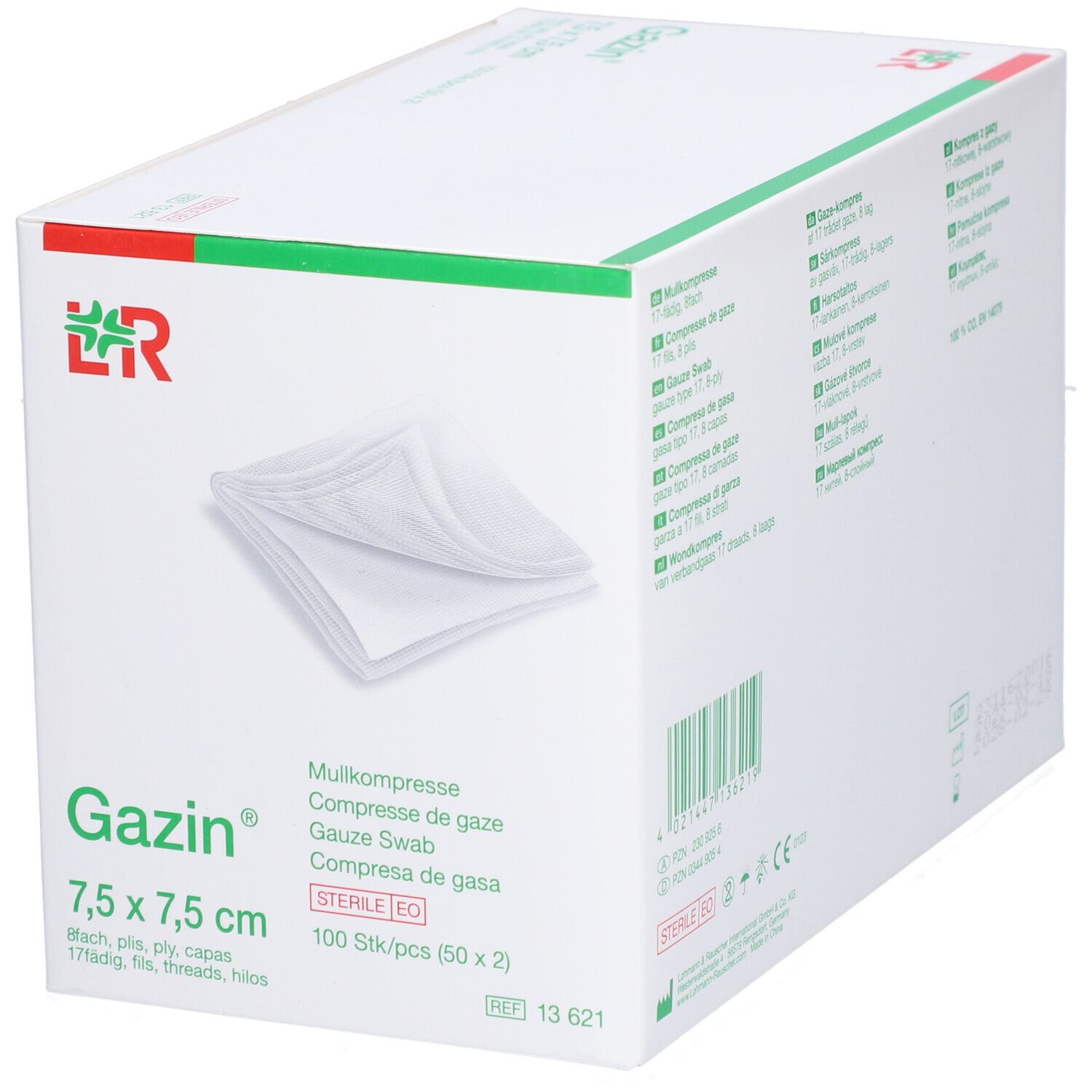 Gazin gaaskompressen 7,5 x 7,5 cm. Doos met kompressen. 100 stuks. Steriel EO.