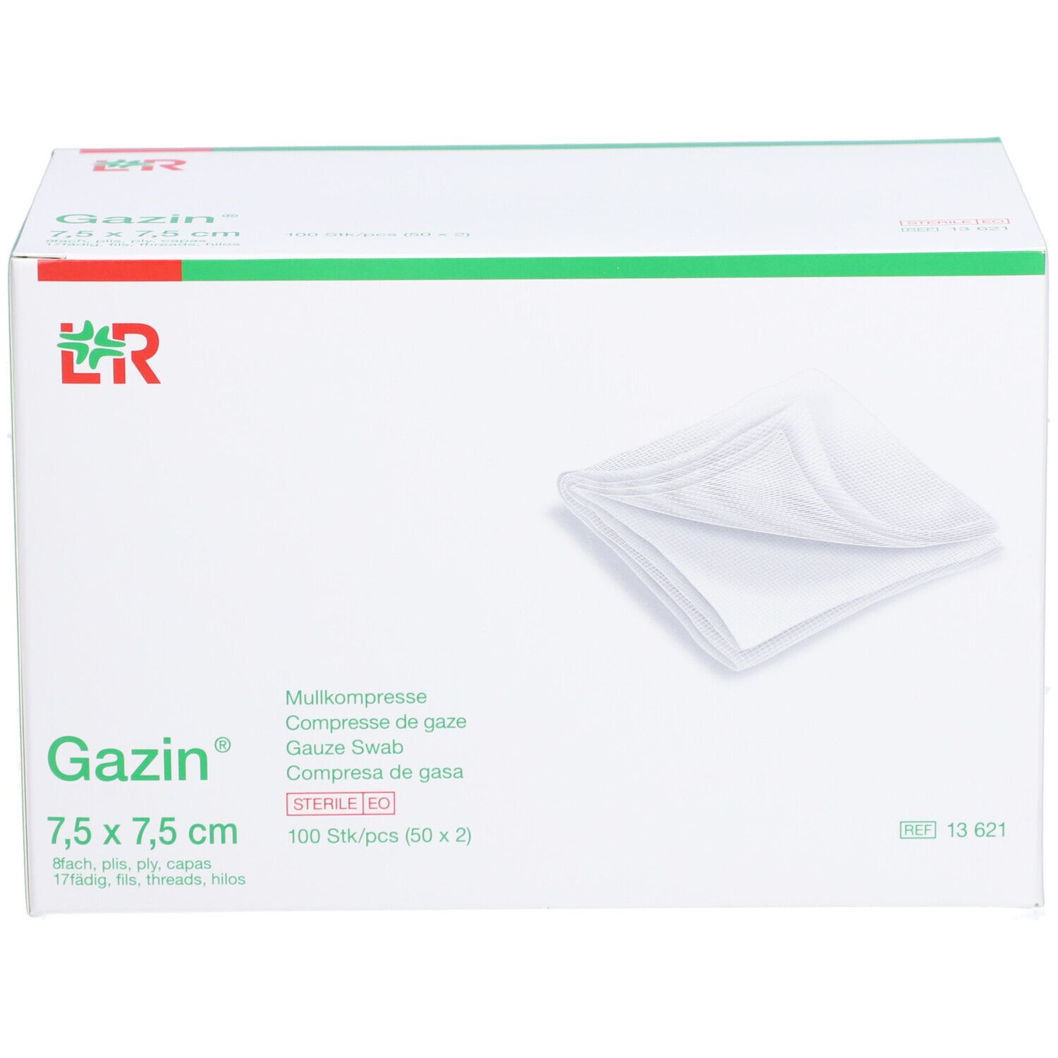 Gazin gaaskompressen 7,5 x 7,5 cm. Doos met kompressen. 100 stuks. Steriel EO.