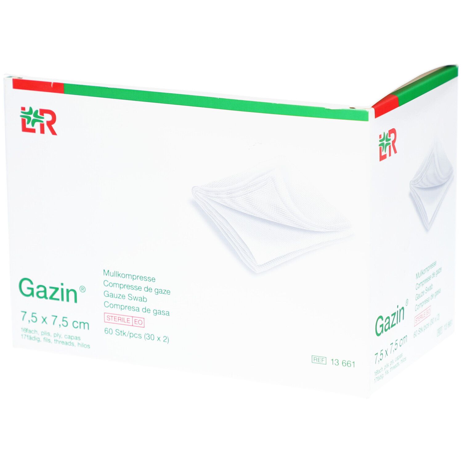Verpakking van Gazin kompressen. Opschrift: Gazin, 7,5 x 7,5 cm, steriel. Witte kompressen zichtbaar.
