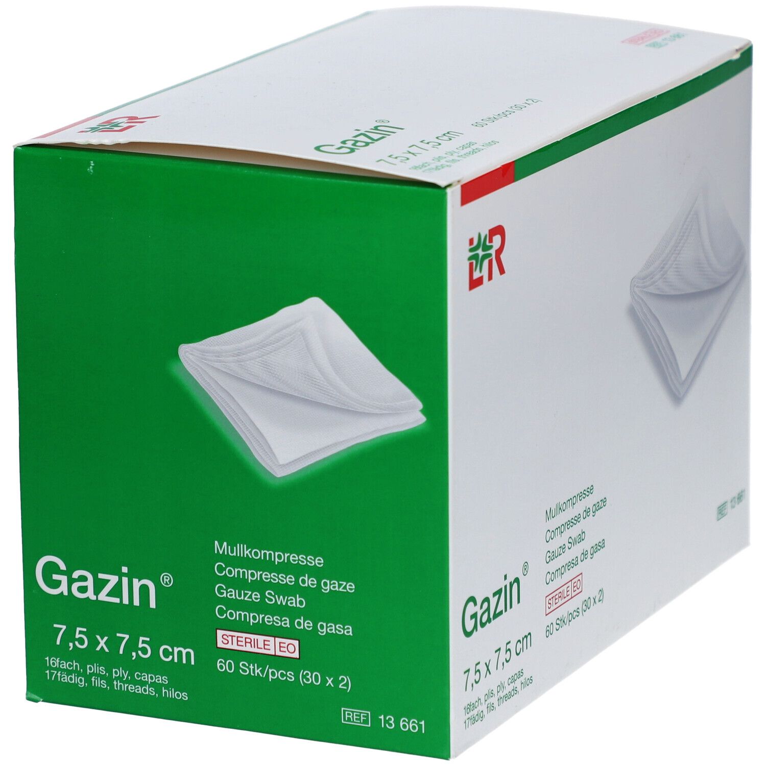 Verpakking van Gazin kompressen. Opschrift: Gazin, 7,5 x 7,5 cm, steriel. Witte kompressen zichtbaar.