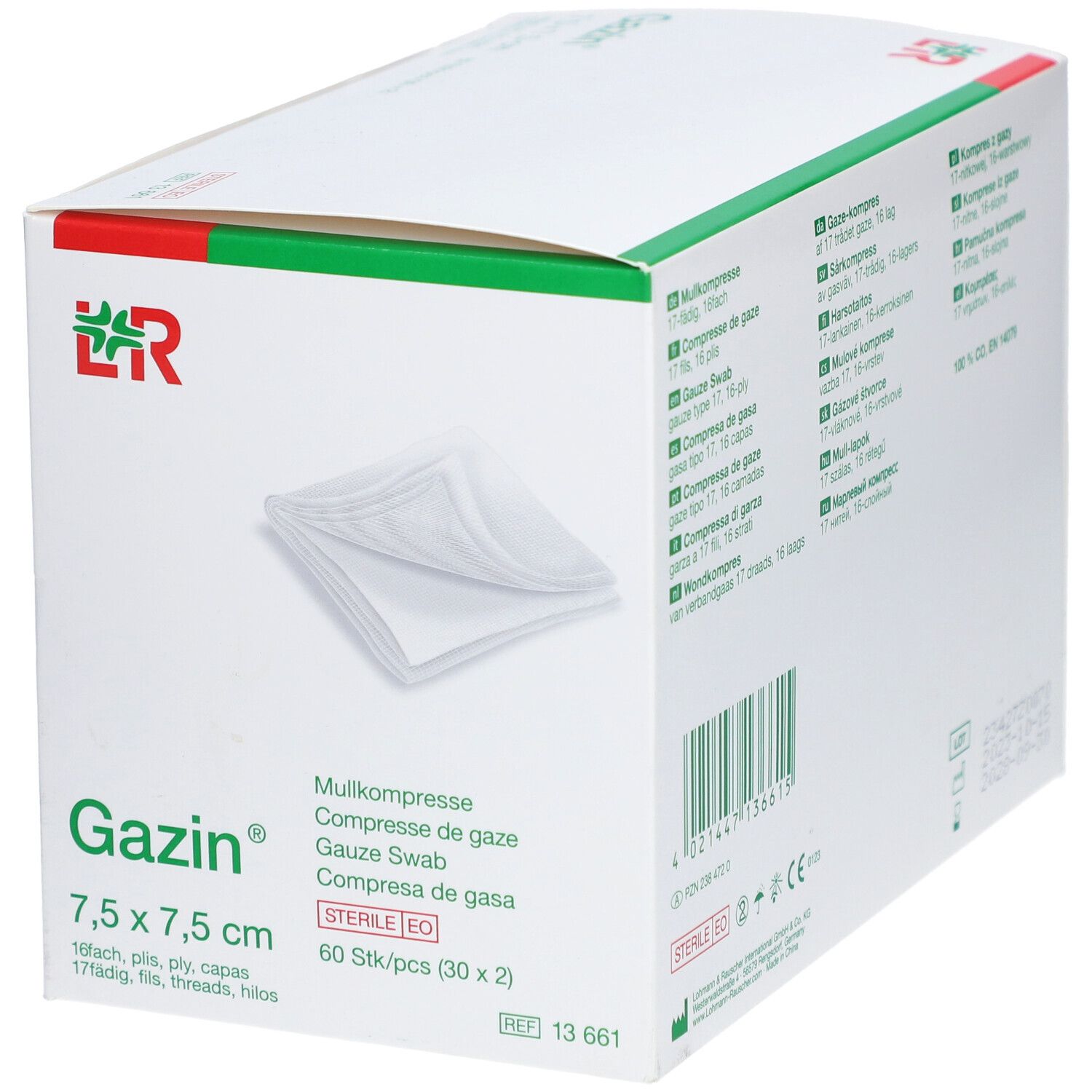 Verpakking van Gazin kompressen. Opschrift: Gazin, 7,5 x 7,5 cm, steriel. Witte kompressen zichtbaar.